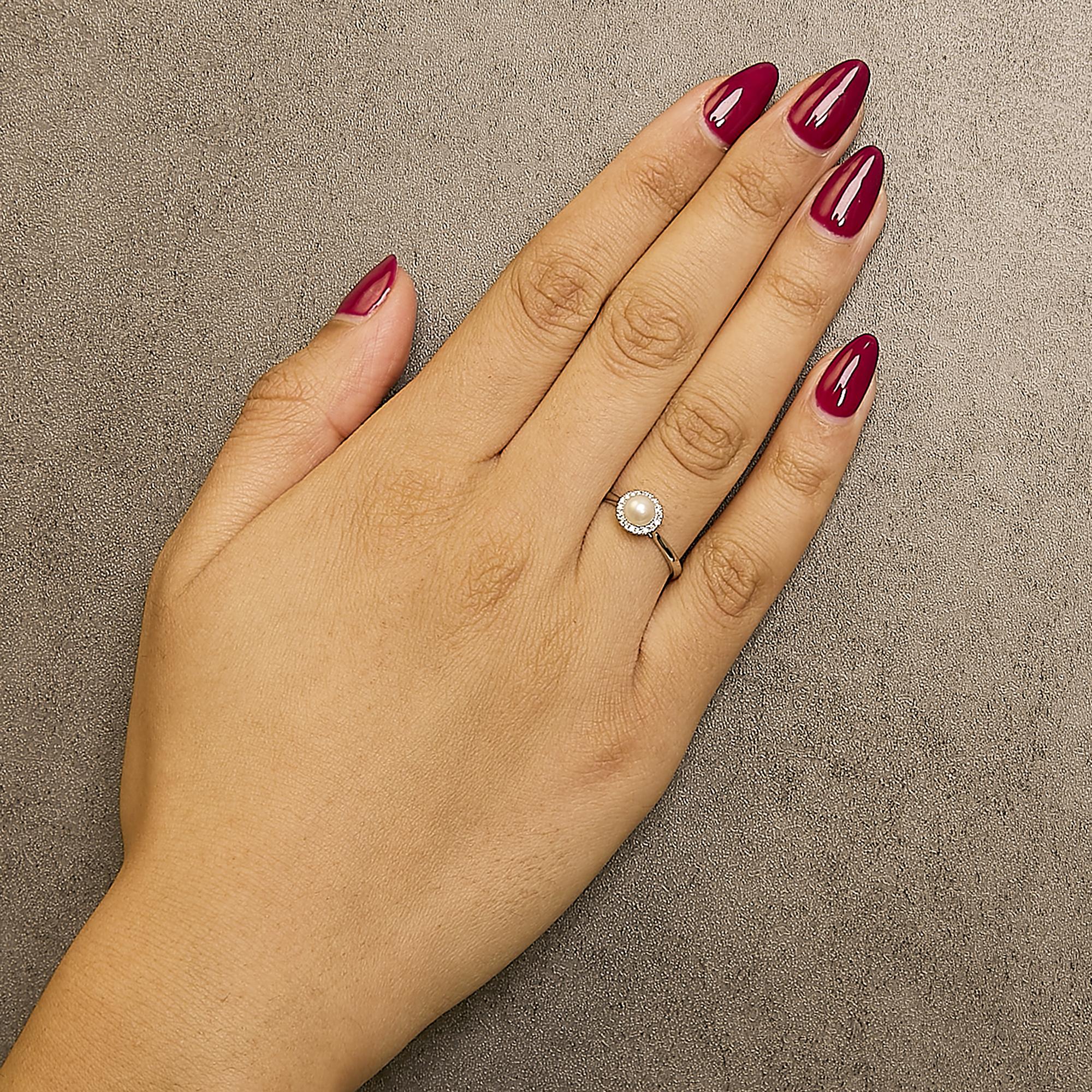 10K White Gold 5MM Cultured Freshwater Pearl  and Diamond Halo Ring (I-J Color, I1-I2 Clarity) - Friggin Jewelry