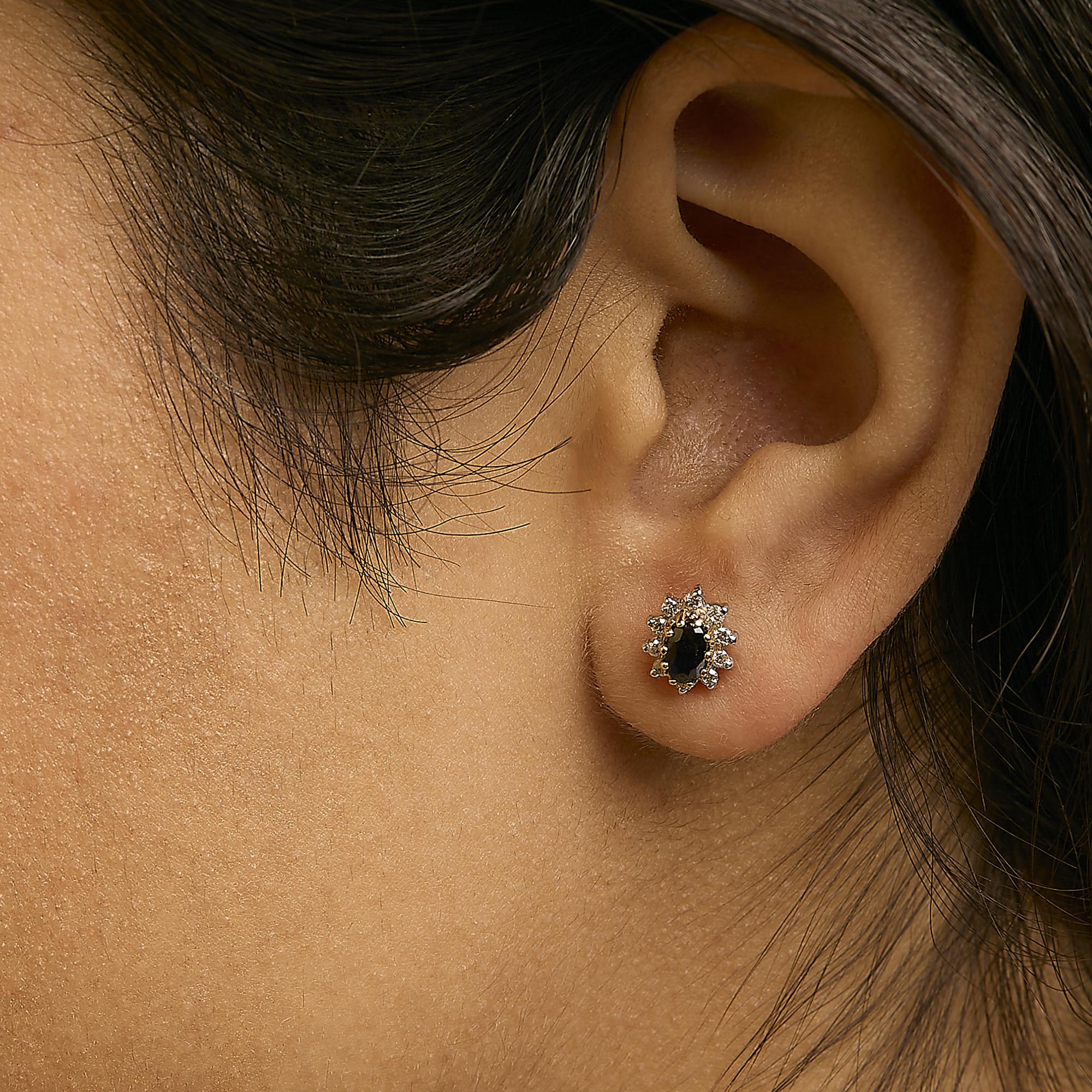 14K Yellow Gold 1/4 Cttw Diamond and Blue Sapphire Sunburst Halo Stud Earrings (K-L Color, I1-I2 Clarity) - Friggin Jewelry