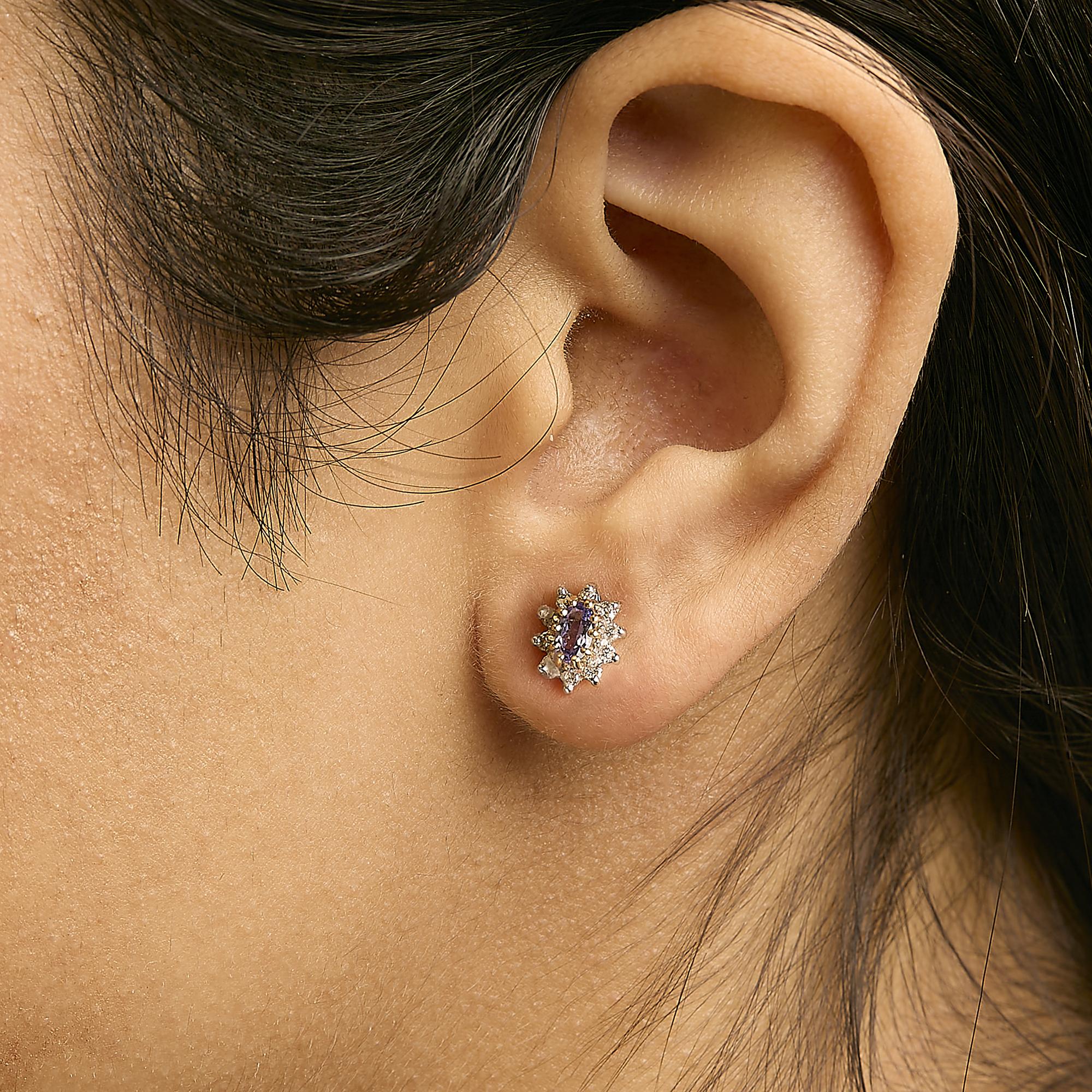 14K Yellow Gold 1/4 Cttw Diamond and Blue Purple Tanzanite Sunburst Halo Stud Earrings (K-L Color, I1-I2 Clarity) - Friggin Jewelry