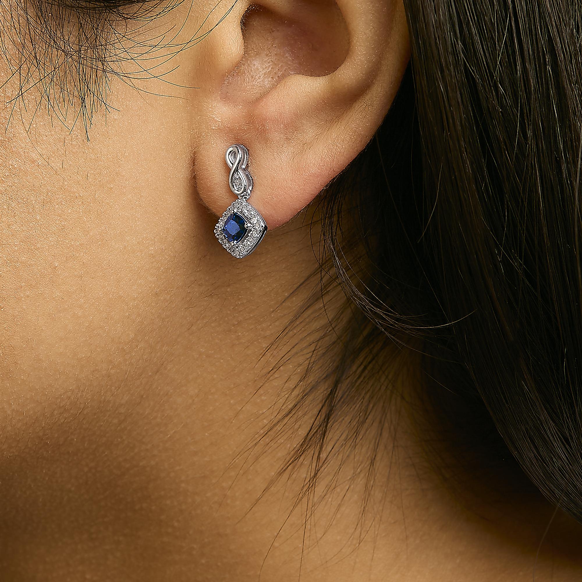 10K White Gold Blue  Sapphire and Diamond Halo Cushion Shaped Drop Earrings (I-J Color, I1-I2 Clarity) - Friggin Jewelry
