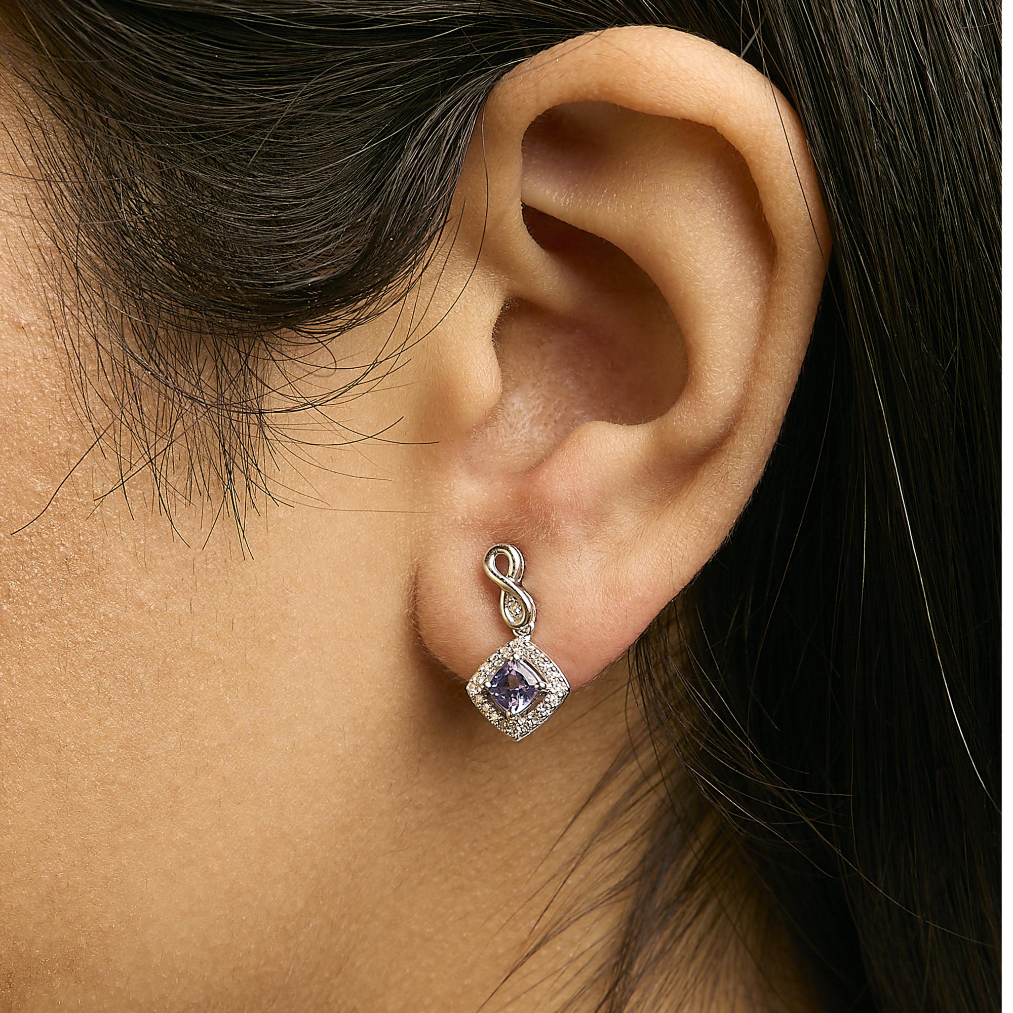 10K White Gold Blue Purple Tanzanite and Diamond Halo Cushion Shaped Drop Earrings (I-J Color, I1-I2 Clarity) - Friggin Jewelry