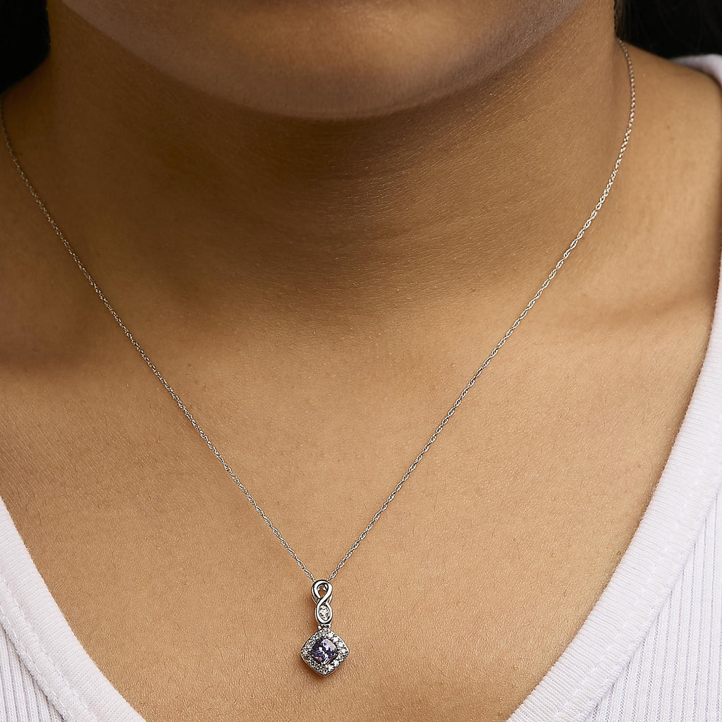 10K White Gold Blue Purple Tanzanite and Diamond Accent Cushion Drop Pendant Necklace - 18" Inches - Friggin Jewelry
