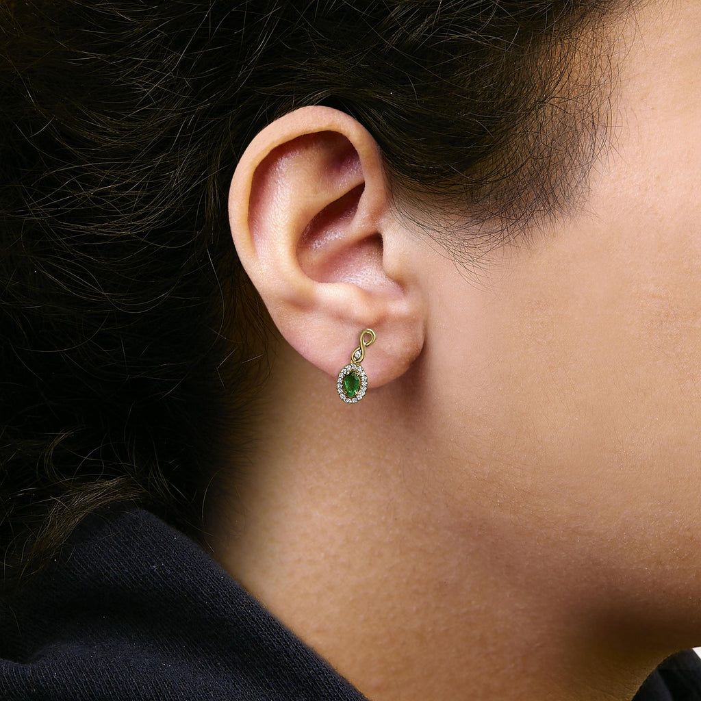 10K Yellow Gold Oval Cut Green Emerald 5x3 mm and 1/7 Cttw Round Diamond Dangle Earrings - Friggin Jewelry