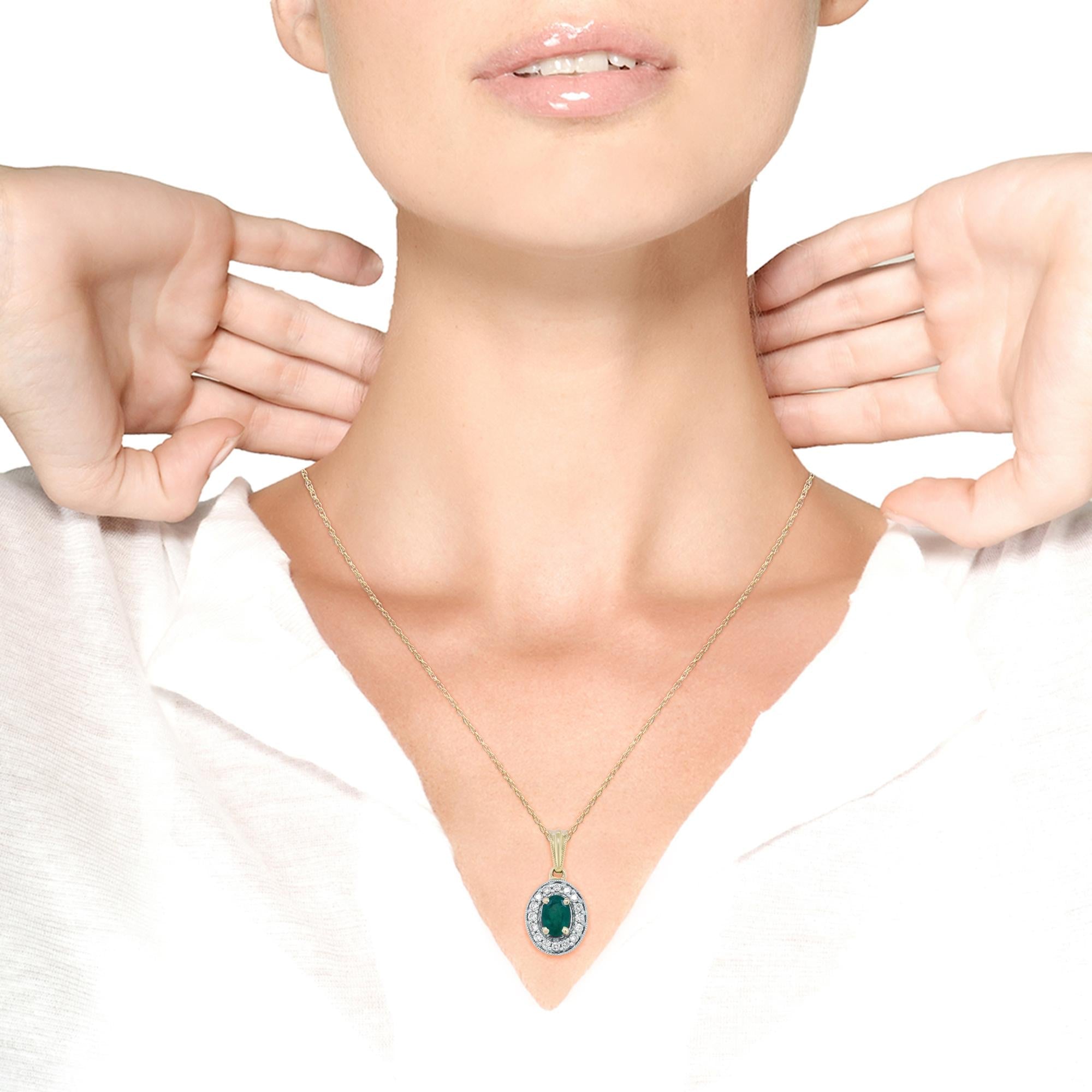 14K Yellow Gold 6x4mm Emerald and 1/5 Cttw Round Diamond Halo Pendant 18" Necklace - (H-I Color, SI1-SI2 Clarity) - Friggin Jewelry