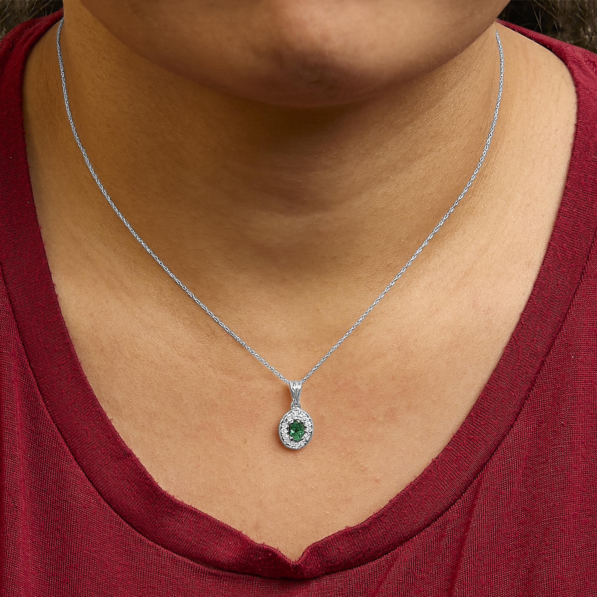 14K White Gold Oval 6x4 MM Green Emerald and Diamond Halo Pendant Necklace - 18 inch - Friggin Jewelry