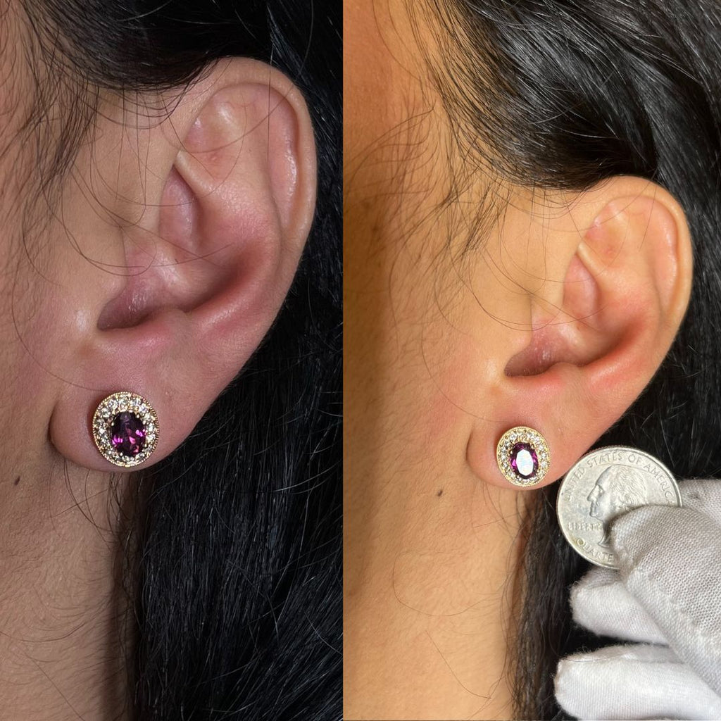 14K Rose Gold 7x5mm Oval Cut Garnet and 3/8 Cttw Round Diamond Halo Stud Earrings (G-H Color, SI1-SI2 Clarity) - Friggin Jewelry