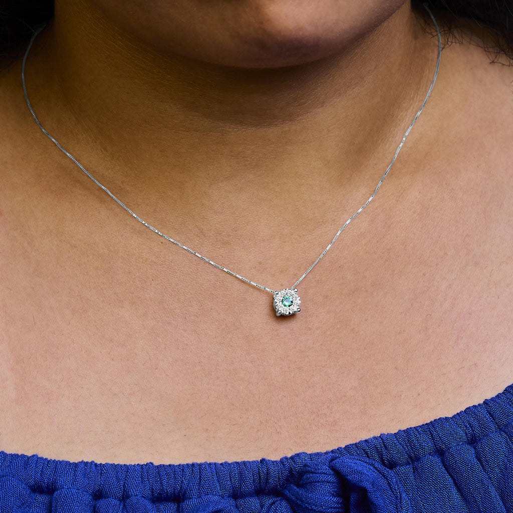 14K White Gold 3.8 MM Green Emerald and 1/3 Cttw Diamond Composite Halo 18" Pendant Necklace (F-G Color, VS2-SI1 Clarity) - Friggin Jewelry Premium