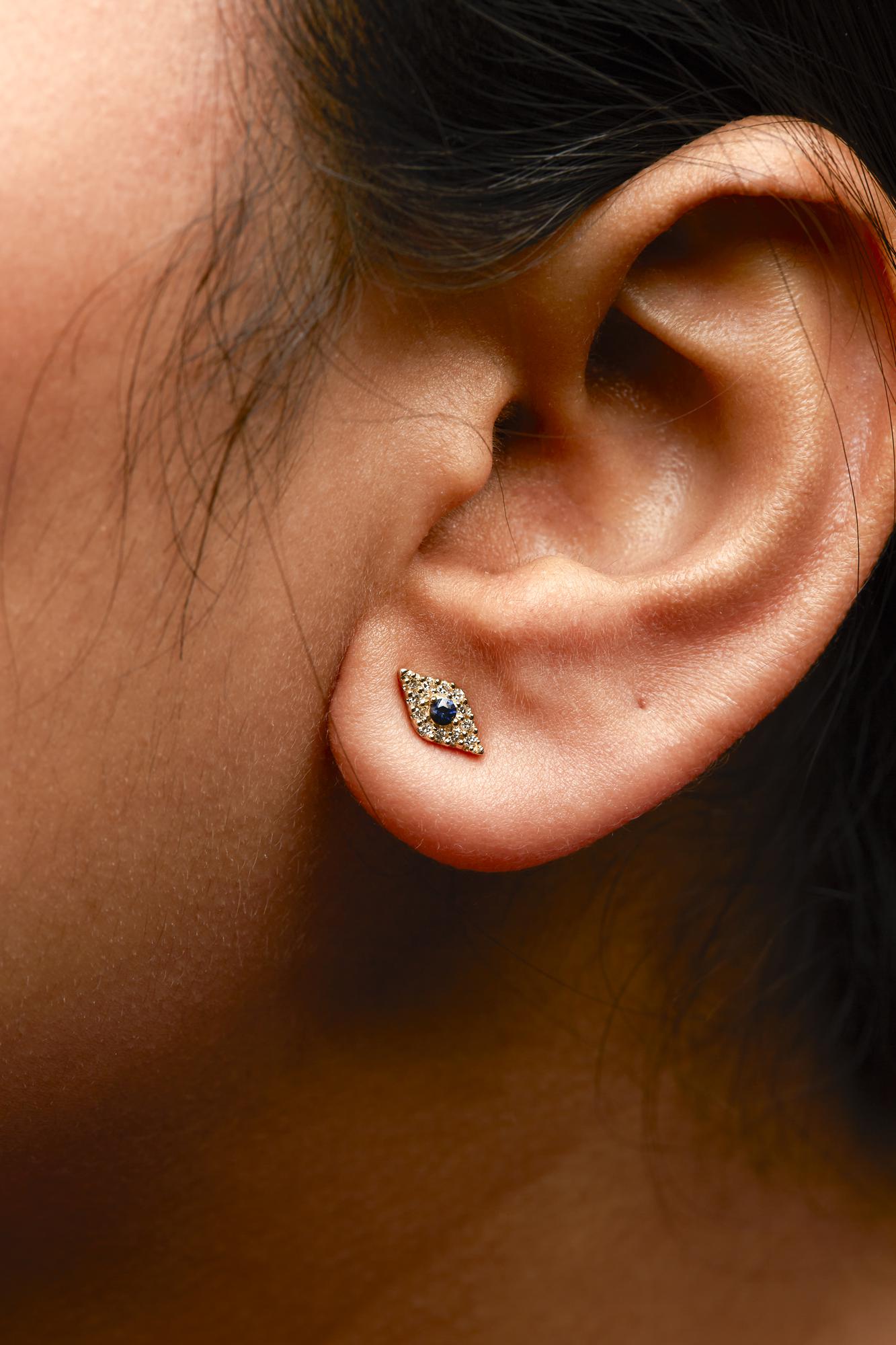 10K Yellow Gold Blue Sapphire and Diamond Accent Evil Eye Stud Earring (H-I Color, I1-I2 Clarity) - Friggin Jewelry