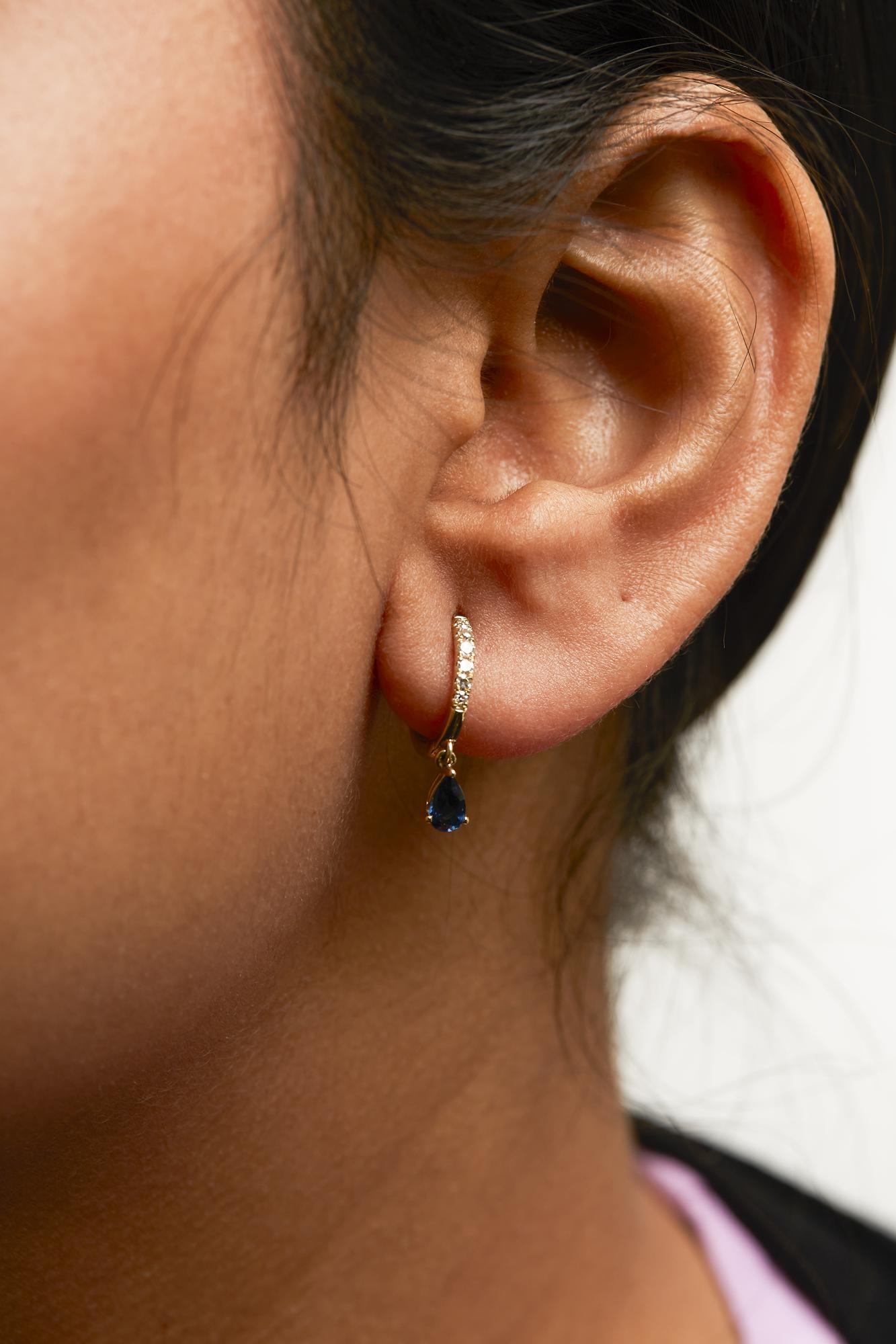 10K Yellow Gold Pear Blue Sapphire and 1/10 Cttw Diamond Drop and Dangle Huggy Hoop Earrings (H-I Color, I1-I2 Clarity) - Friggin Jewelry