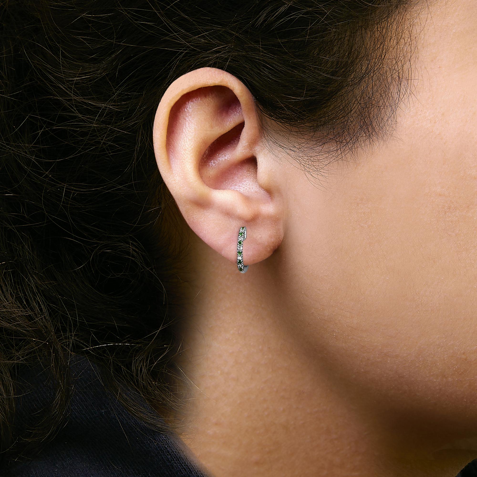 10K White Gold Alternating Emerald 1/10 Cttw Diamond Huggy Hoop Earrings (I-J Color, I1-I2 Clarity) - Friggin Jewelry