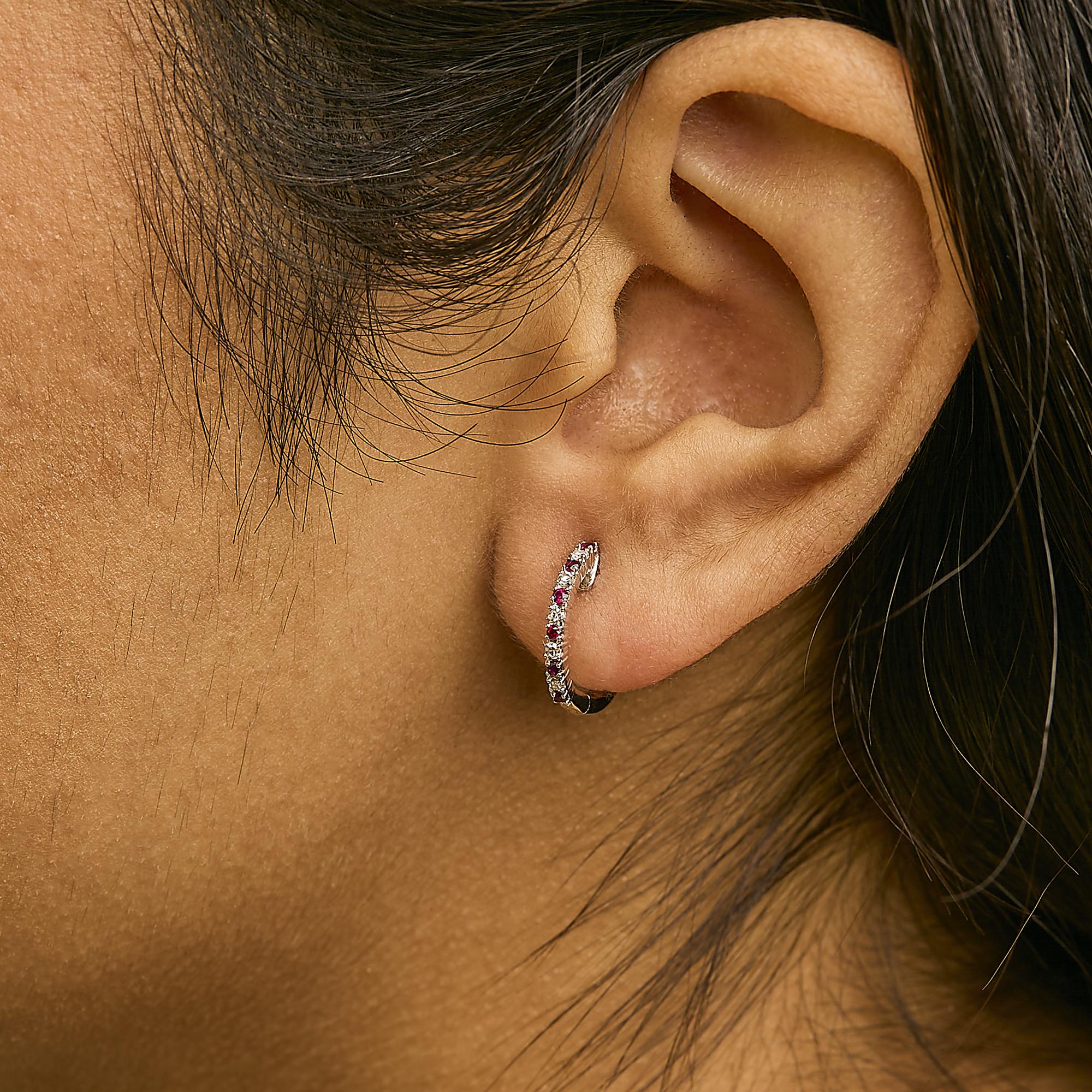 10K Gold Alternating Diamond and Red Ruby Huggie Hoop Earrings - Friggin Jewelry