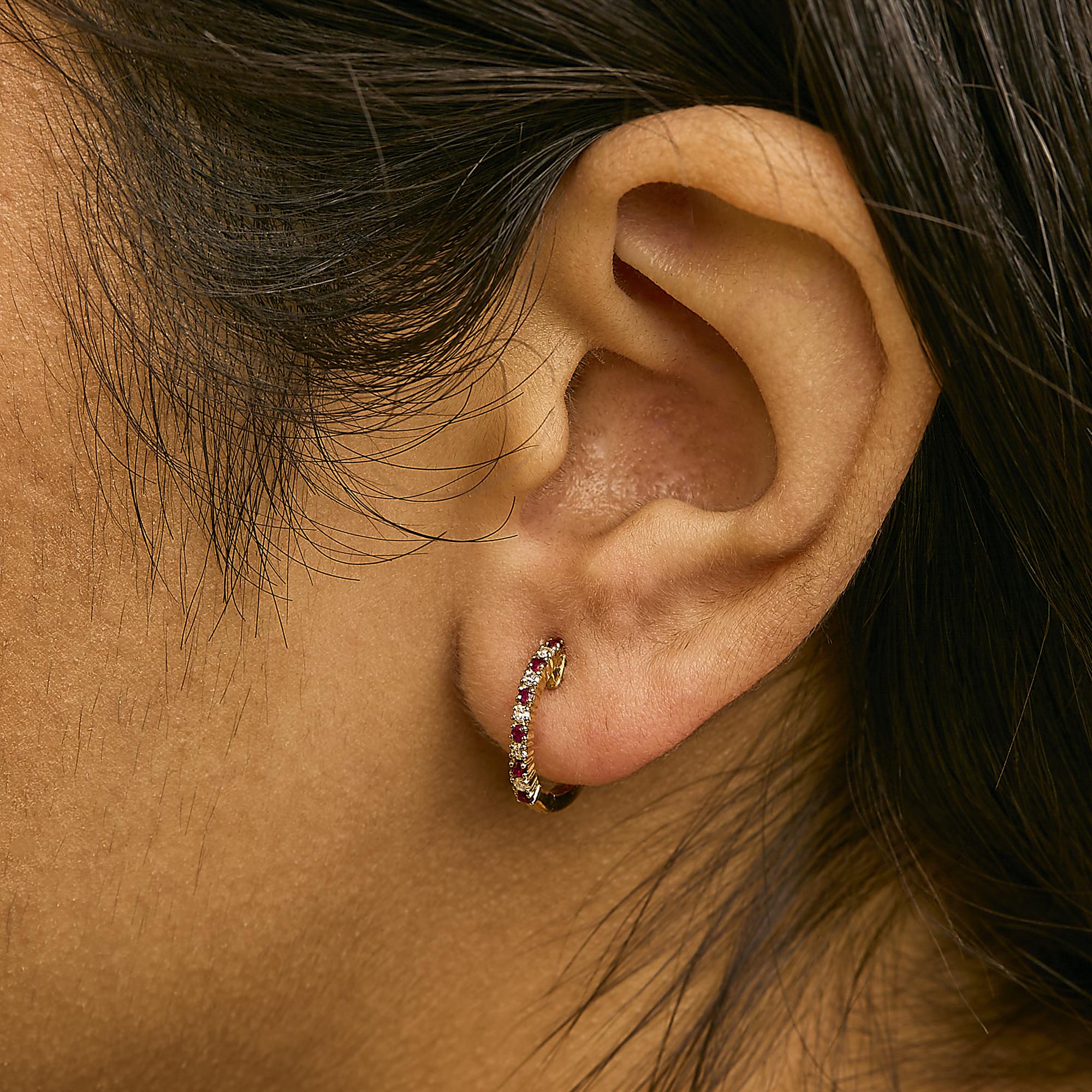 10K Gold Alternating Diamond and Red Ruby Huggy Hoop Earrings - Friggin Jewelry