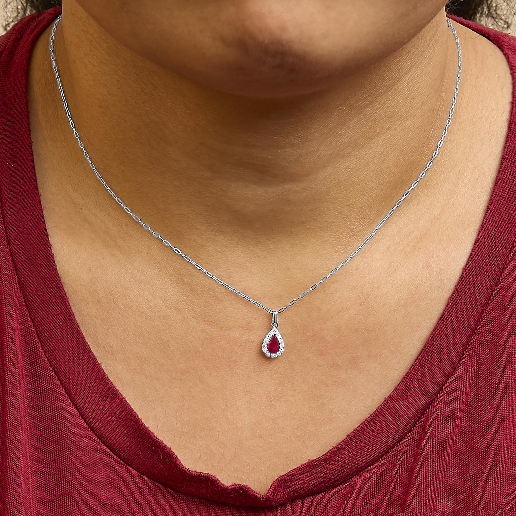 14K White Gold 6x4 Pear Red Ruby and Diamond Halo Pendant Necklace - 18" Inches - Friggin Jewelry