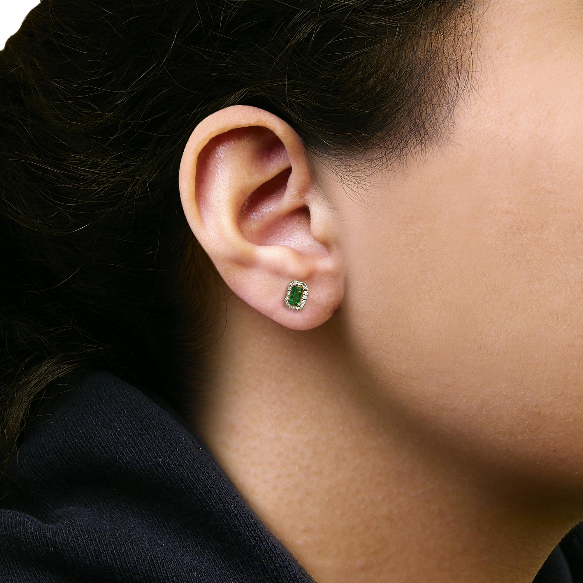 14K Yellow Gold Green Emerald and 1/8 Cttw Diamond Halo Octagonal Shaped Stud Earrings  (I-J Color, I1-I2 Clarity) - Friggin Jewelry