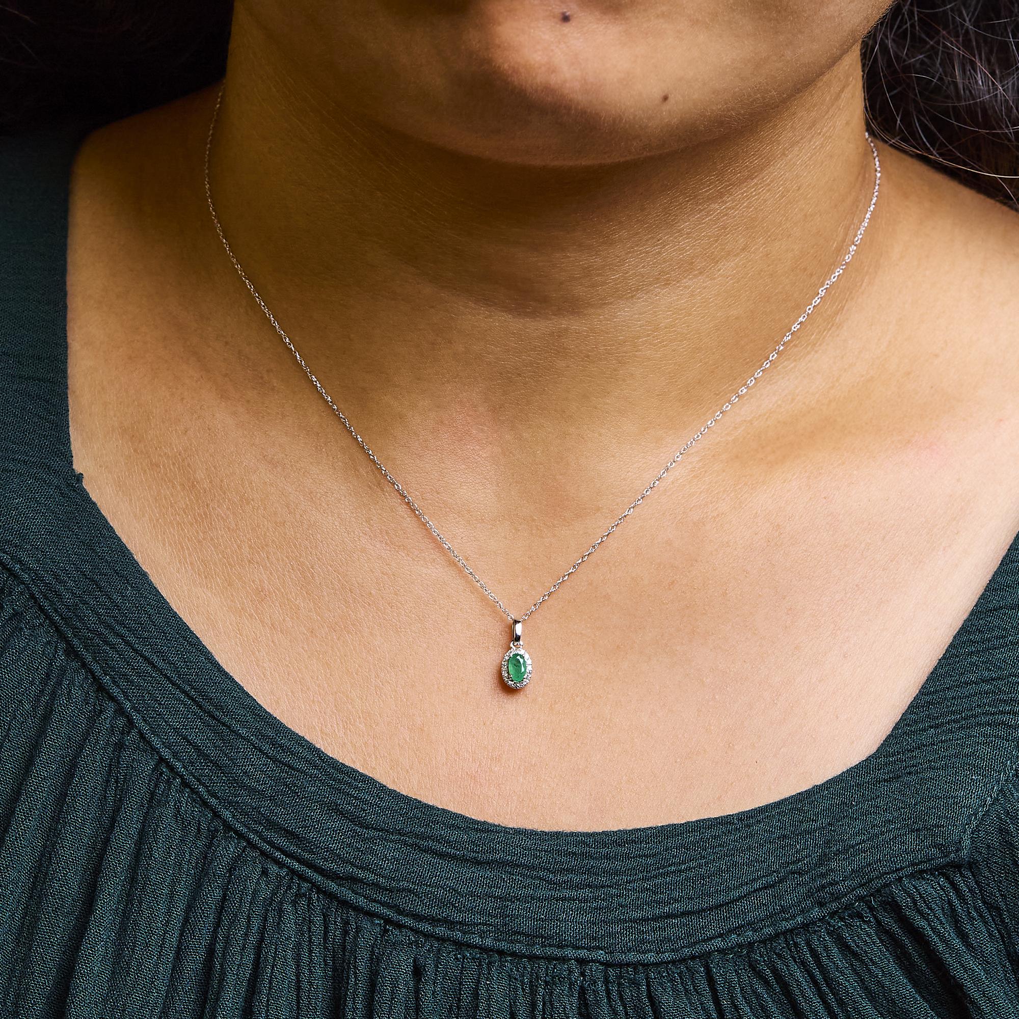 10K White Gold 5x3mm Gemstone and Diamond Accent Halo Oval Shape 18" Pendant Necklace (I-J Color, I1-I2 Clarity) - Friggin Jewelry
