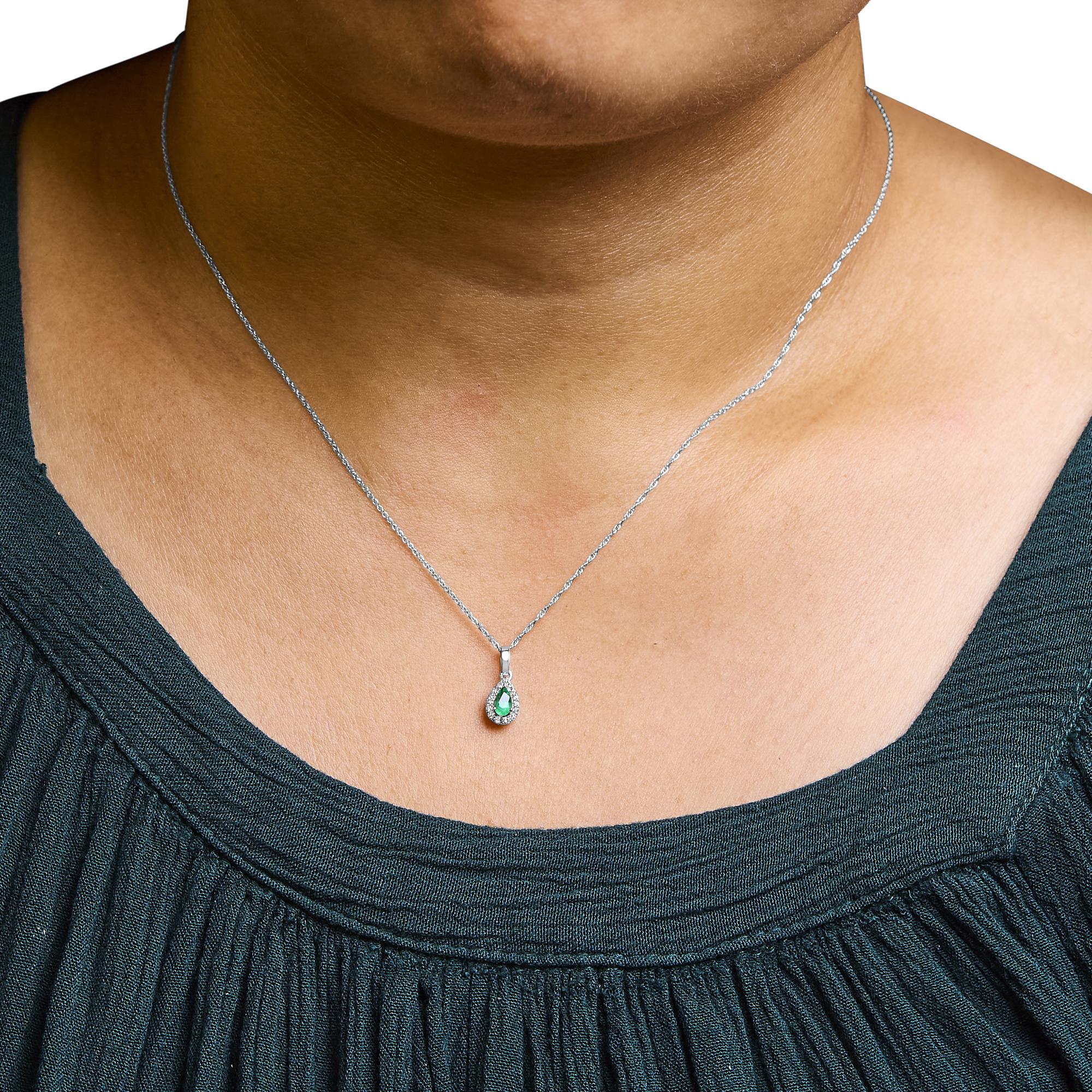 10K White Gold 5x3mm Gemstone and Diamond Accent Halo Pear Shape 18" Pendant Necklace (I-J Color, I1-I2 Clarity) - Friggin Jewelry
