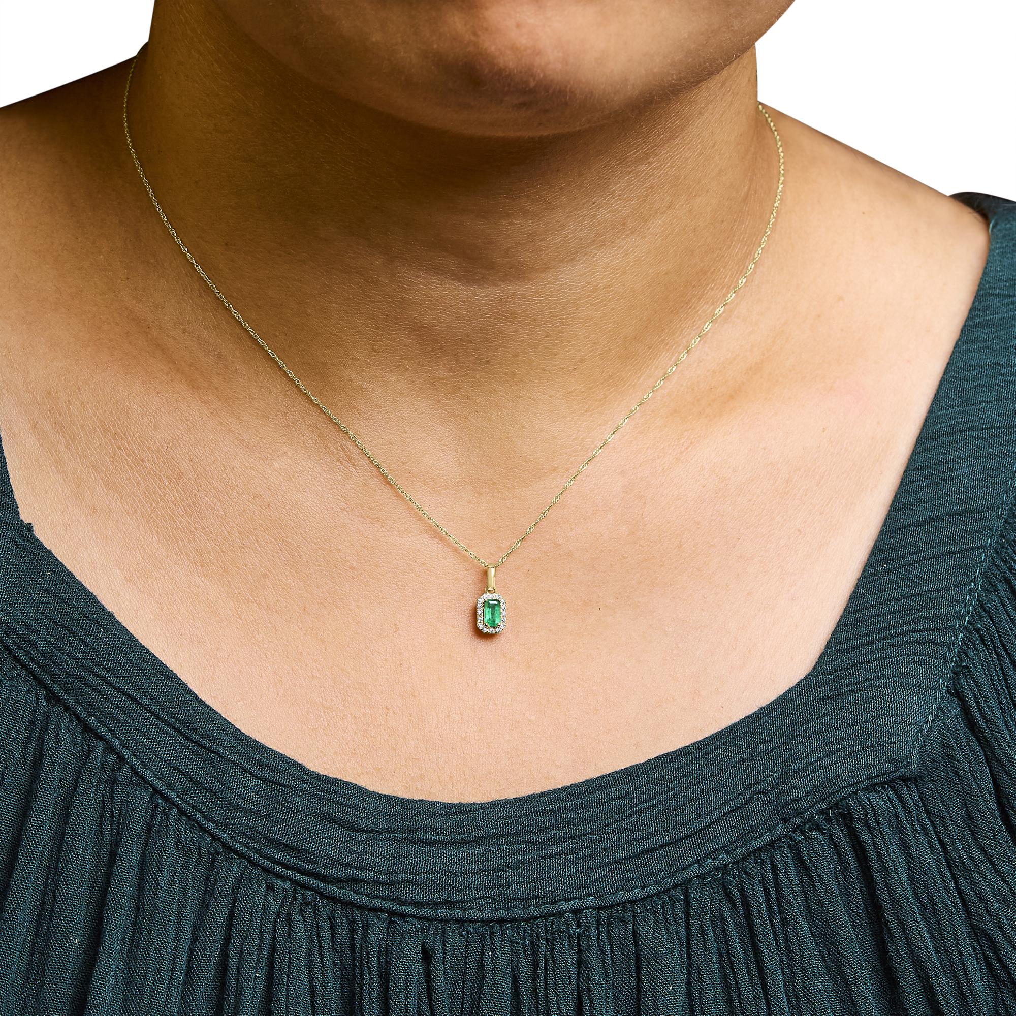 10K Yellow Gold 5x3mm Green Emerald and Diamond Accent Halo Octagonal Shape 18" Pendant Necklace (I-J Color, I1-I2 Clarity) - Friggin Jewelry