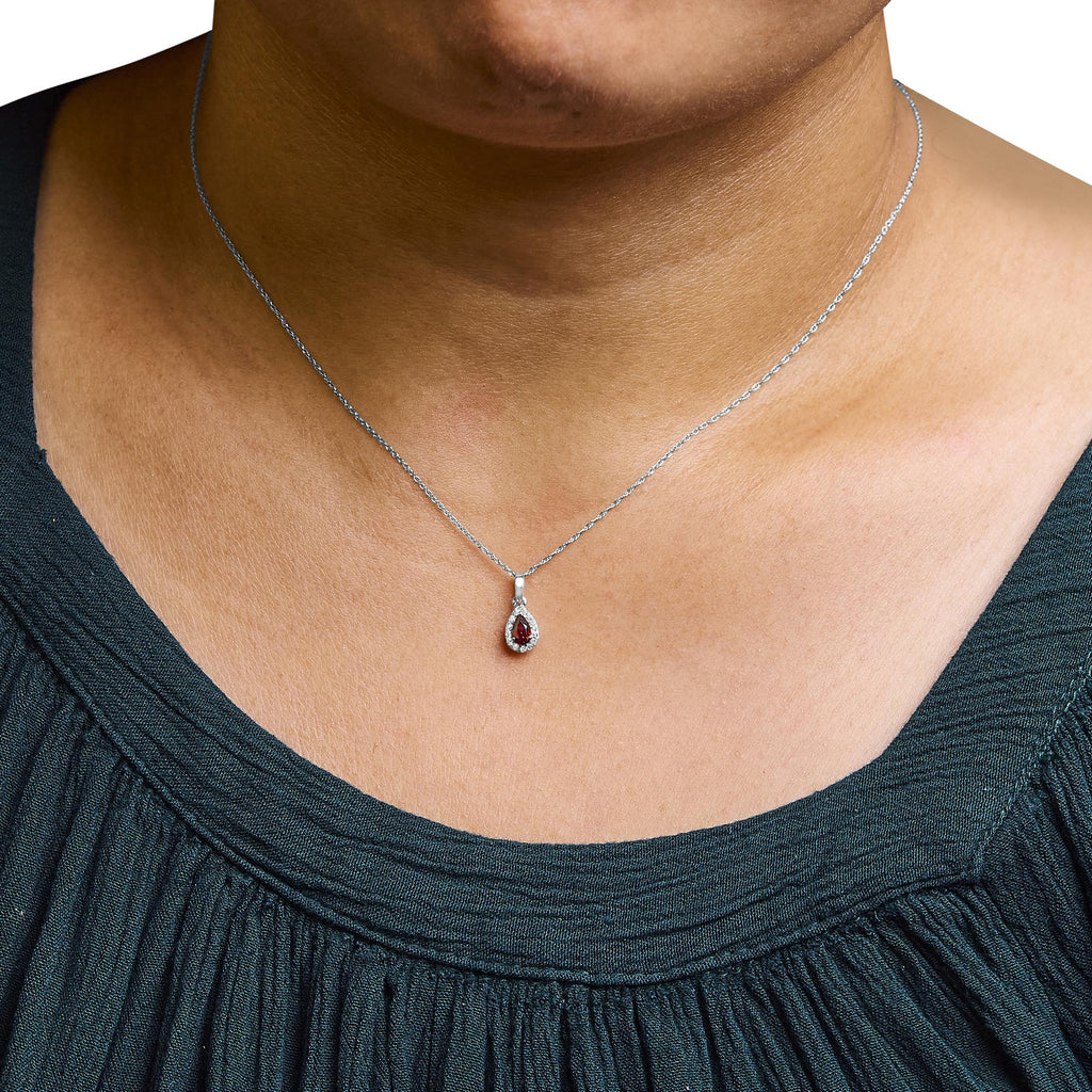 10K White Gold 5x3mm Gemstone and Diamond Accent Halo Pear Shape 18" Pendant Necklace (I-J Color, I1-I2 Clarity) - Friggin Jewelry