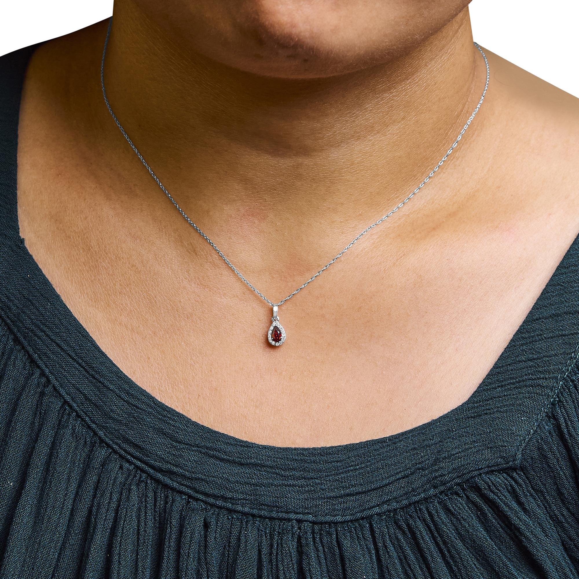 10K White Gold 5x3mm Gemstone and Diamond Accent Halo Pear Shape 18" Pendant Necklace (I-J Color, I1-I2 Clarity) - Friggin Jewelry