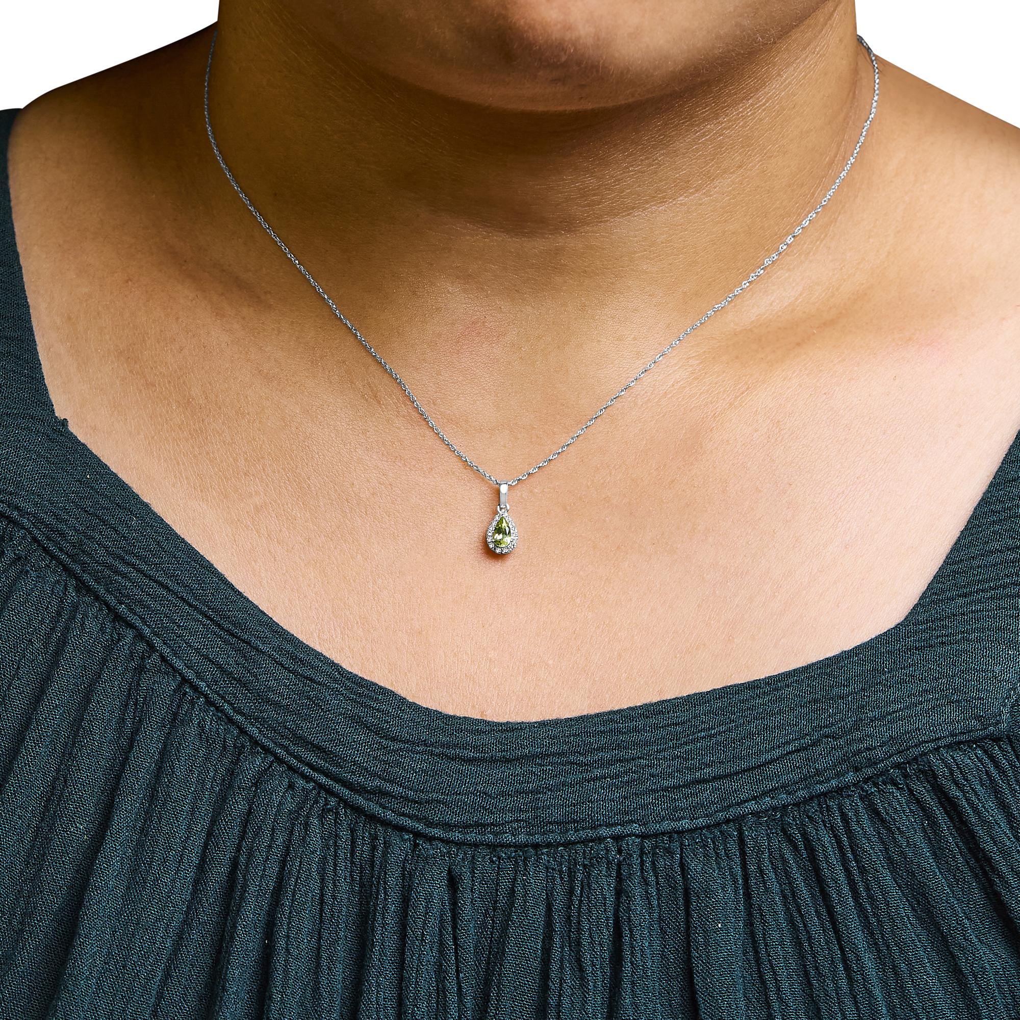 10K White Gold 5x3mm Gemstone and Diamond Accent Halo Pear Shape 18" Pendant Necklace (I-J Color, I1-I2 Clarity) - Friggin Jewelry
