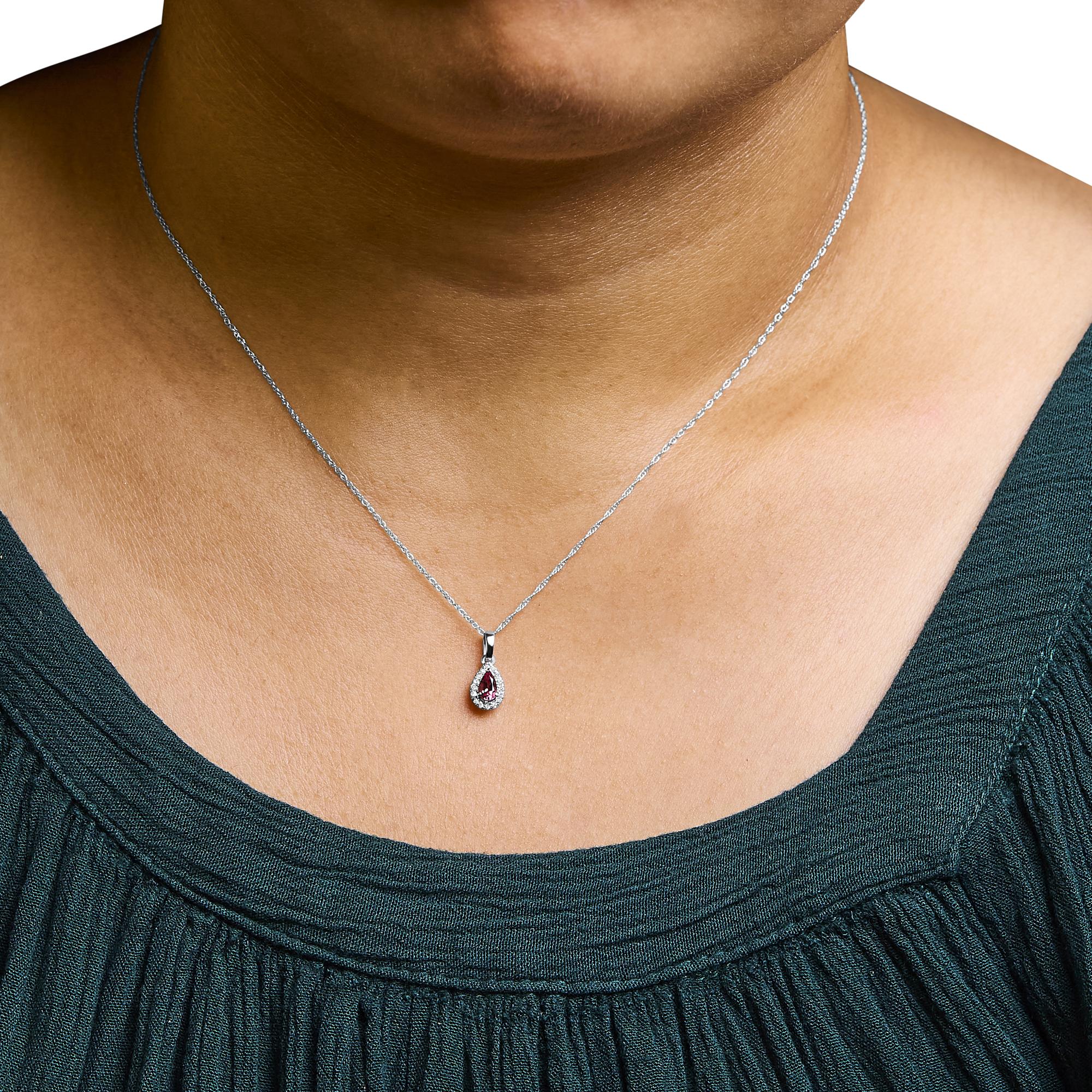 10K White Gold 5x3mm Gemstone and Diamond Accent Halo Pear Shape 18" Pendant Necklace (I-J Color, I1-I2 Clarity) - Friggin Jewelry