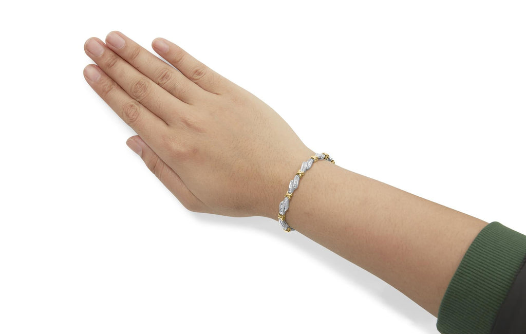 10k Two-Toned Gold 2.00 Cttw Channel Set Baguette-Diamond Weave and  "X" Spiral Link Bracelet (H-I Color, I1-I2 Clarity) - 7" - Friggin Jewelry