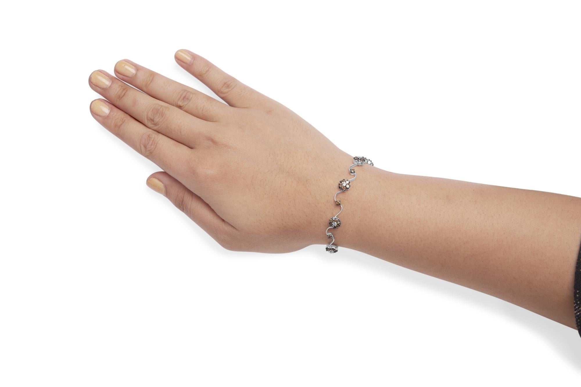 10K White Gold 4.0 Cttw Champagne and White Diamond Floral Cluster and Station Link Bracelet (H-I Color, SI2-I1 Clarity) - 7" Inches - Friggin Jewelry