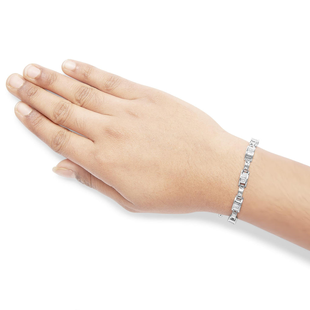 14K White Gold 1.0 Cttw Invisible Set Princess Diamond Alternating Link Tennis Bracelet (I-J Color, I1-I2 Clarity) - 7.25" - Friggin Jewelry