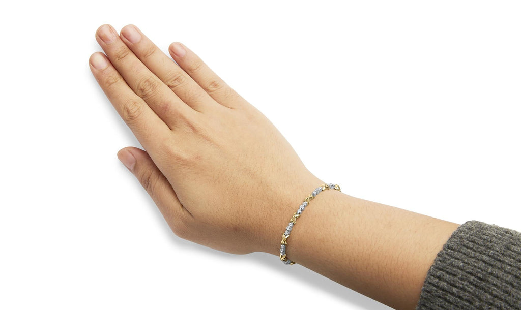10K Two-Tone Gold 1/2 Cttw Diamond Alternating 3 Stone and X-Link 7" Bracelet (I-J Color, I2-I3 Clarity) - Friggin Jewelry