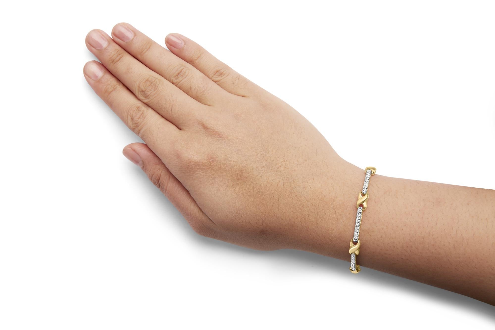 10K Yellow Gold 1.00 Cttw Pave Set Diamond Bar and  X-Link 7" Bracelet (I-J Color, I3 Quality) - Friggin Jewelry
