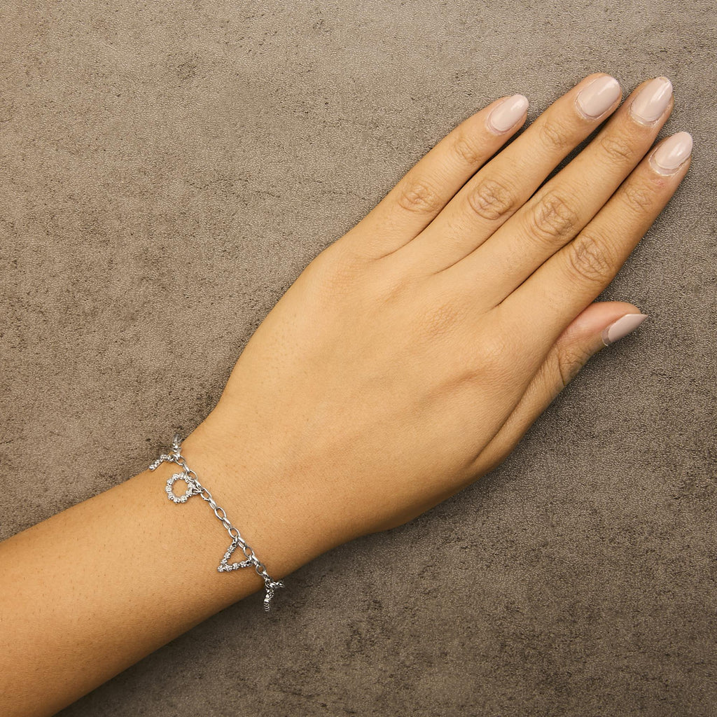 10k White Gold 1/6 Cttw Diamond "Love" Charm Cable Chain Bracelet (H-I Color, I1-I2 Clarity) - 7" - Friggin Jewelry