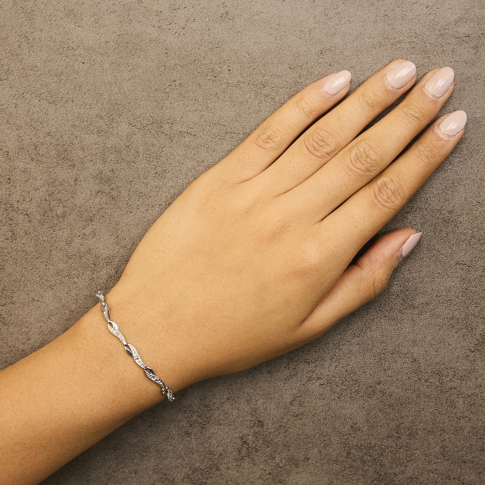 Pulsera de oro blanco de 10 k con eslabones en espiral y detalles de diamantes (color HI, claridad I3) - 19 cm - Friggin Jewelry