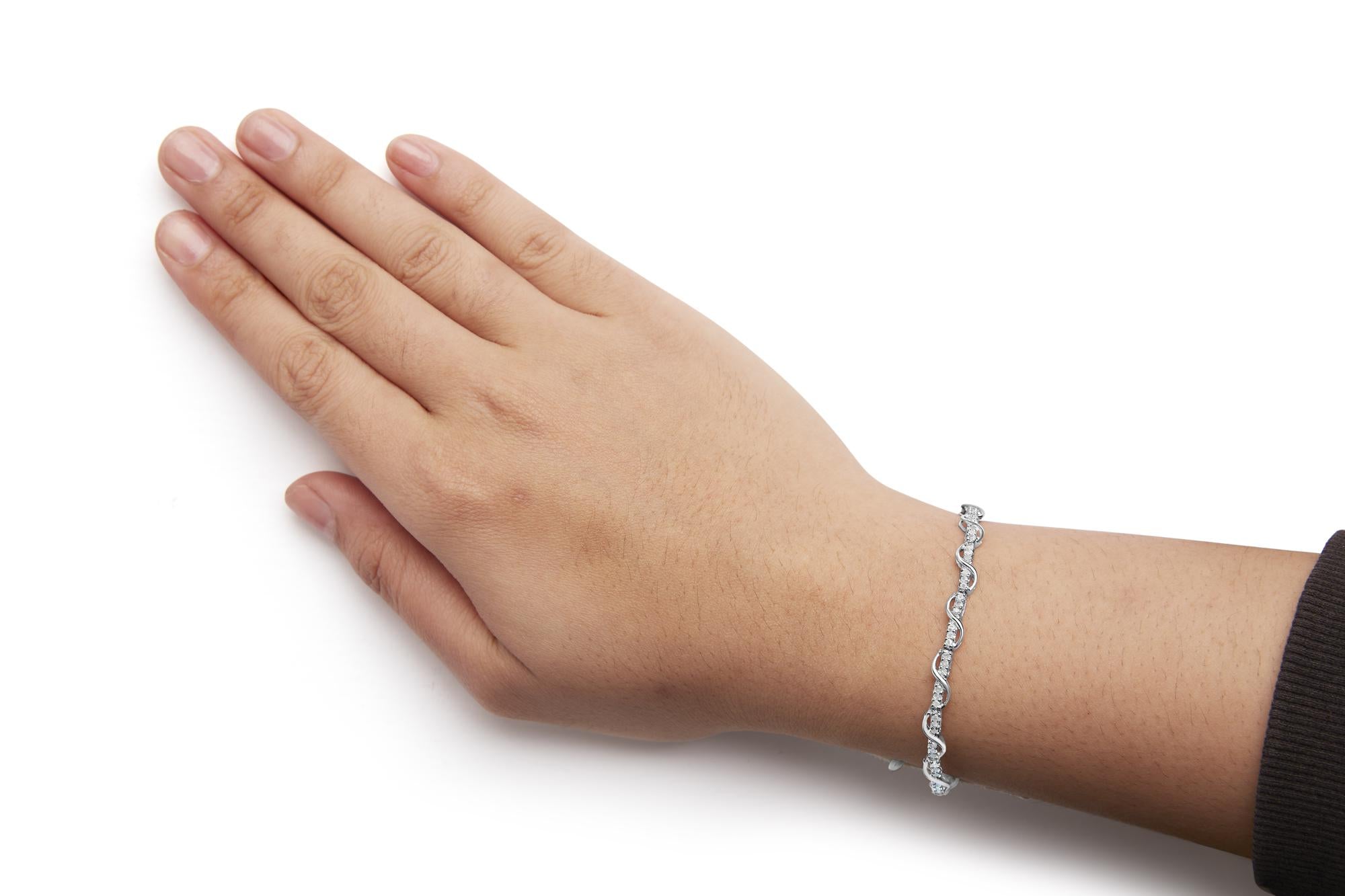 Pulsera de tenis de oro blanco de 10 quilates con diamantes de talla redonda de 1,00 quilates y eslabones en espiral (color HI, claridad I3) - 18 cm - Friggin Jewelry