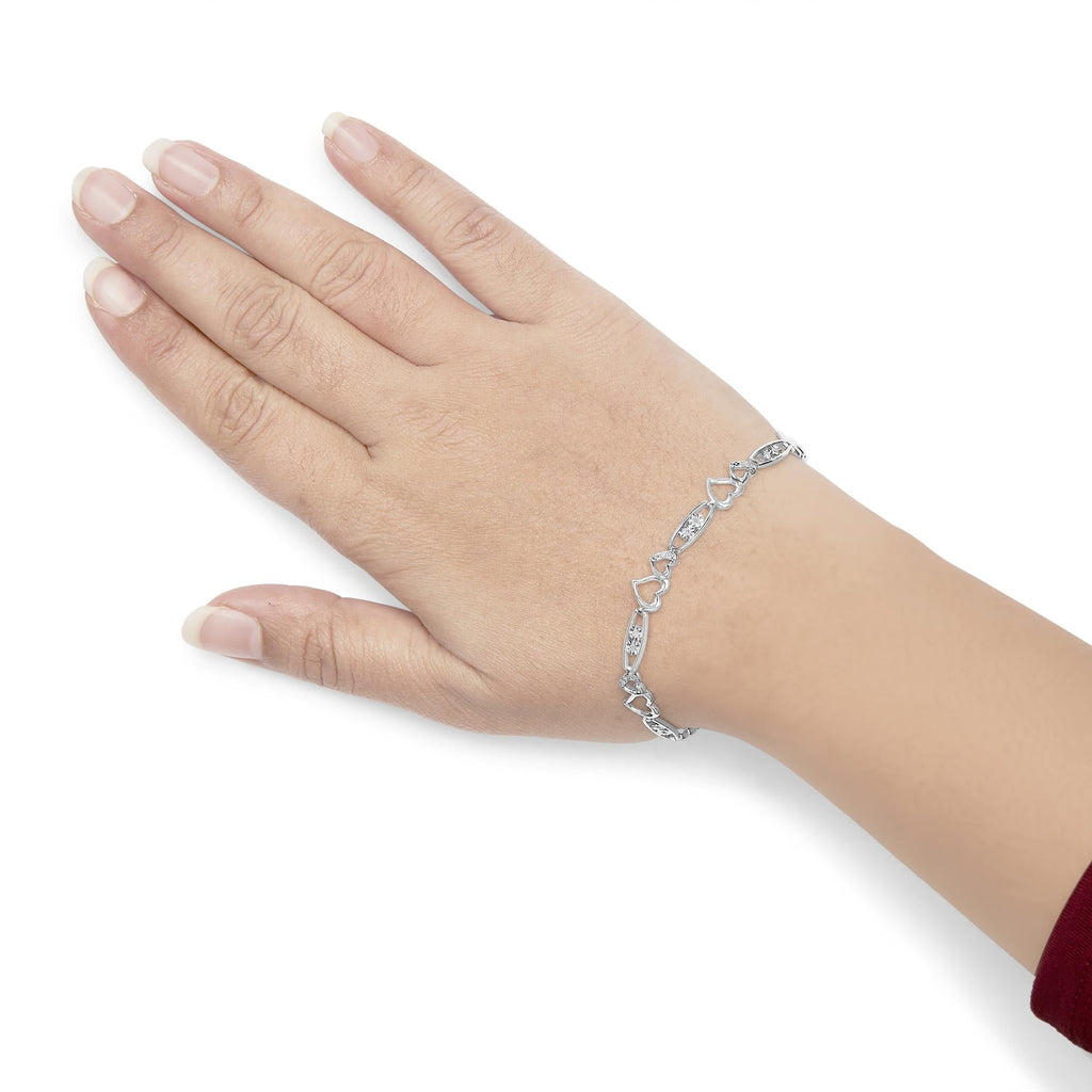 925 Sterling Silver 1/5 Cttw Diamond Double Heart Link Bracelet (I-J Color, I3 Clarity) - 7.25" Inches - Friggin Jewelry