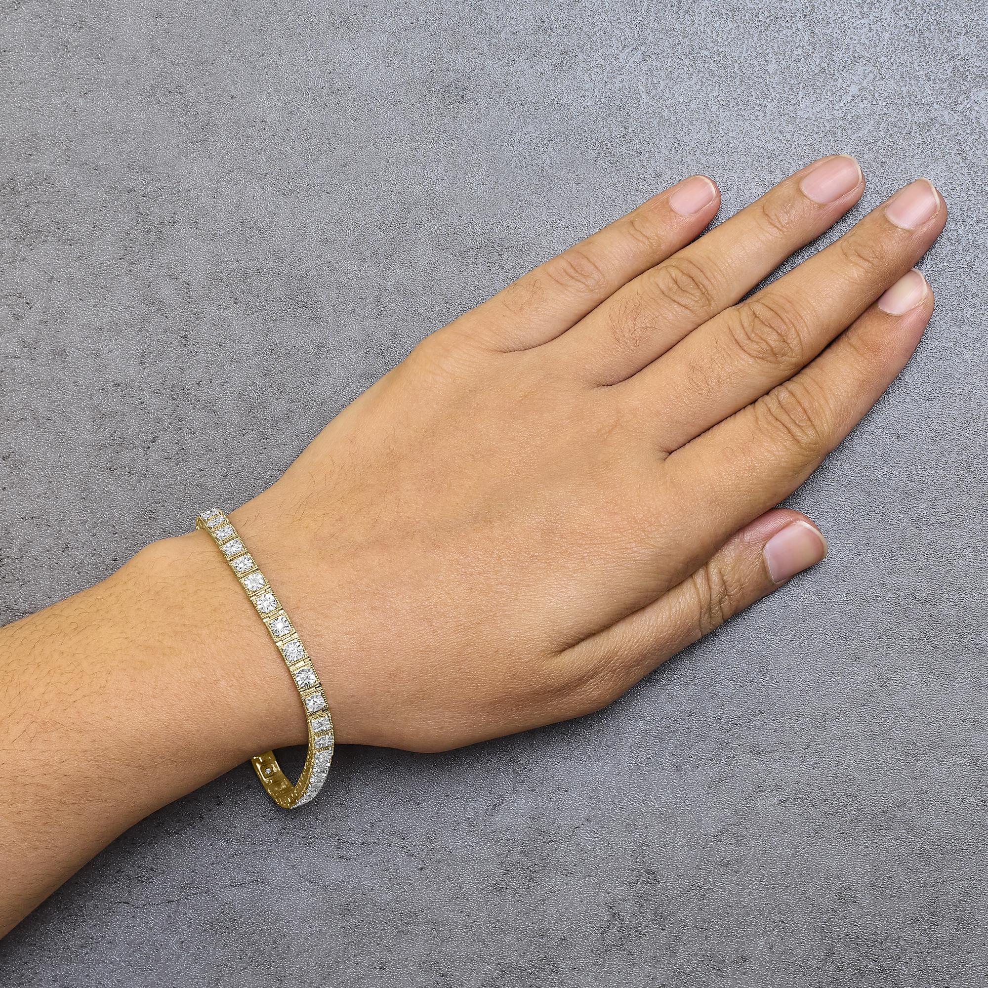 Pulsera de tenis de plata de ley 925 bañada en oro amarillo de 14 quilates con diamantes de 1,0 quilates y milgrain (color IJ, claridad I2-I3) - 18 cm - Friggin Jewelry