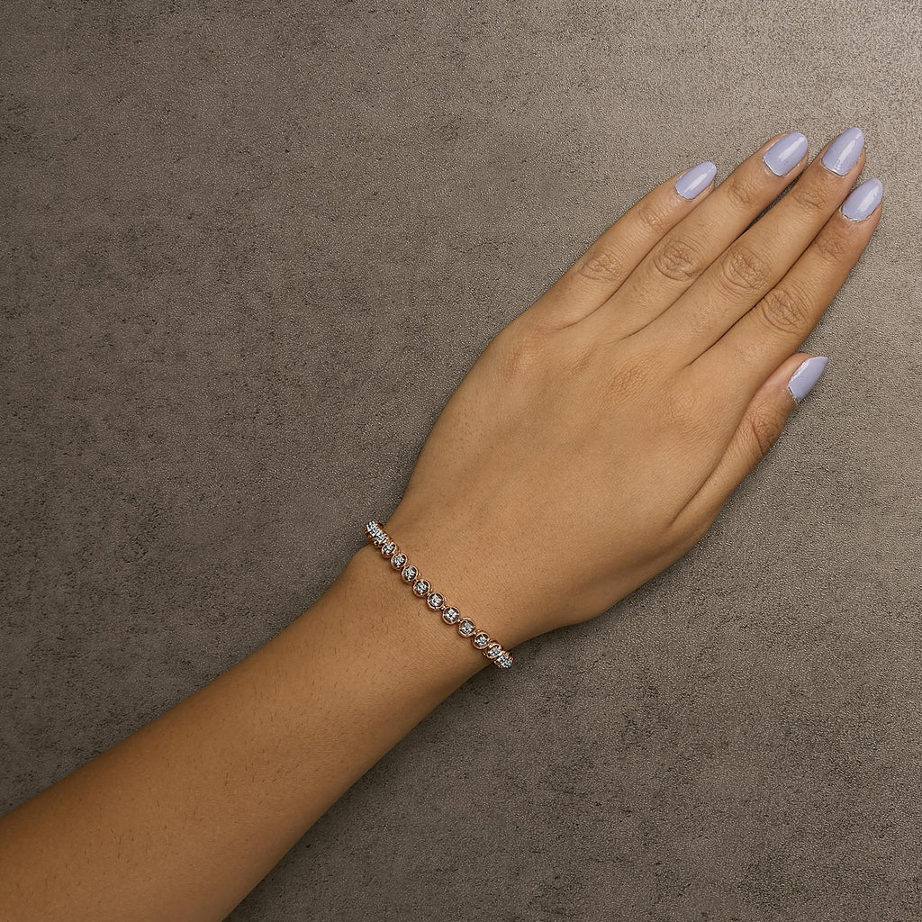 Pulsera de tenis con eslabones de rueda y cuentas de círculo abierto de diamantes de 1/10 quilates en plata de ley 925 (color IJ, claridad I3) - 18,3 cm - Friggin Jewelry