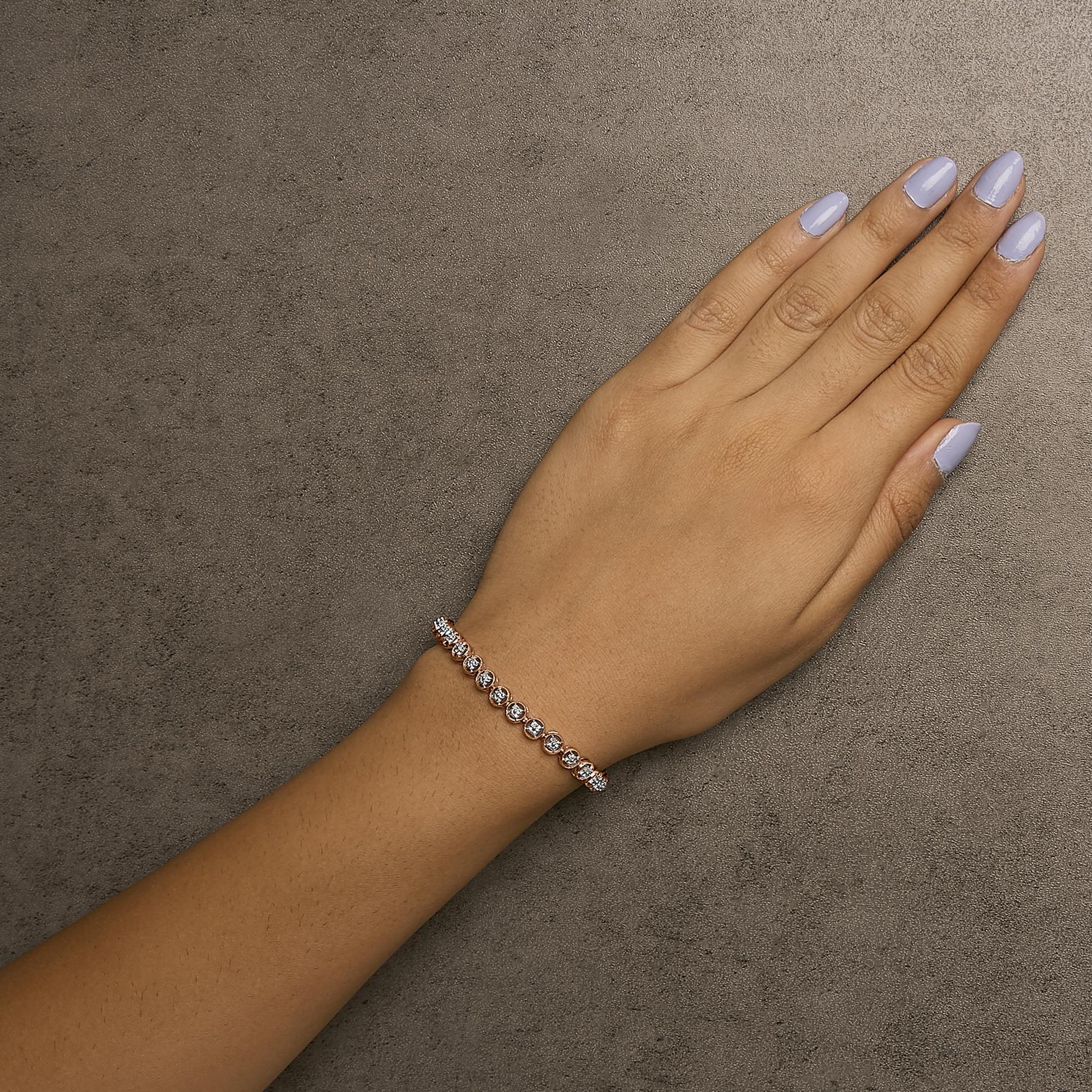 Pulsera de tenis con eslabones de rueda y cuentas de círculo abierto de diamantes de 1/10 quilates en plata de ley 925 (color IJ, claridad I3) - 18,3 cm - Friggin Jewelry