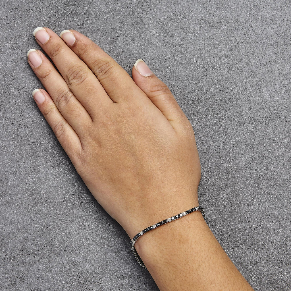 .925 Sterling Silver Black and White Diamond Tennis Bracelet (I-J Color, I2-I3 Clarity) - 7.25" Inches - Friggin Jewelry Premium