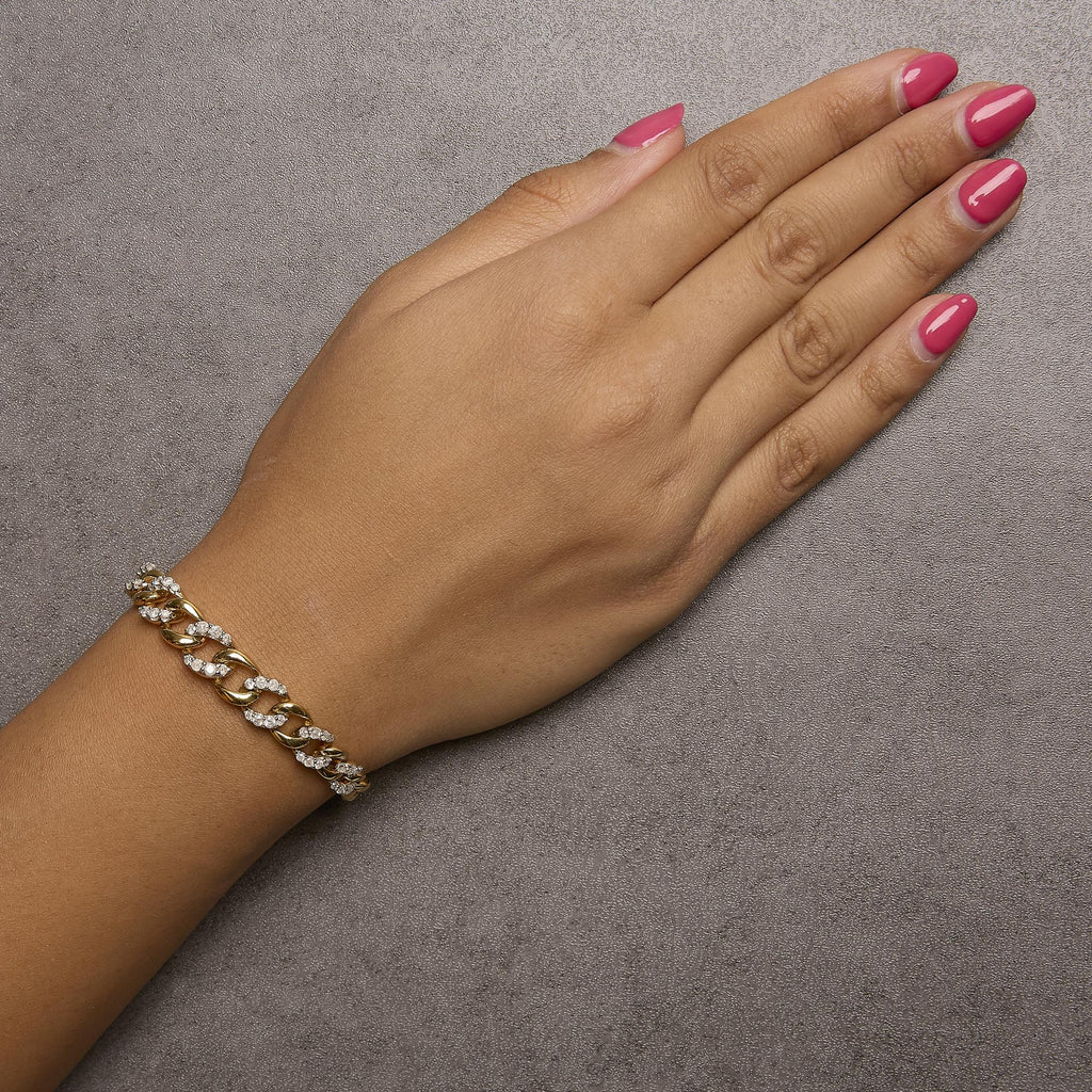 Pulsera de eslabones cubanos de plata de ley 925 bañada en oro amarillo de 14 quilates con diamantes de 1 1/4 quilates (color IJ, claridad I3) - 7,25" - Friggin Jewelry