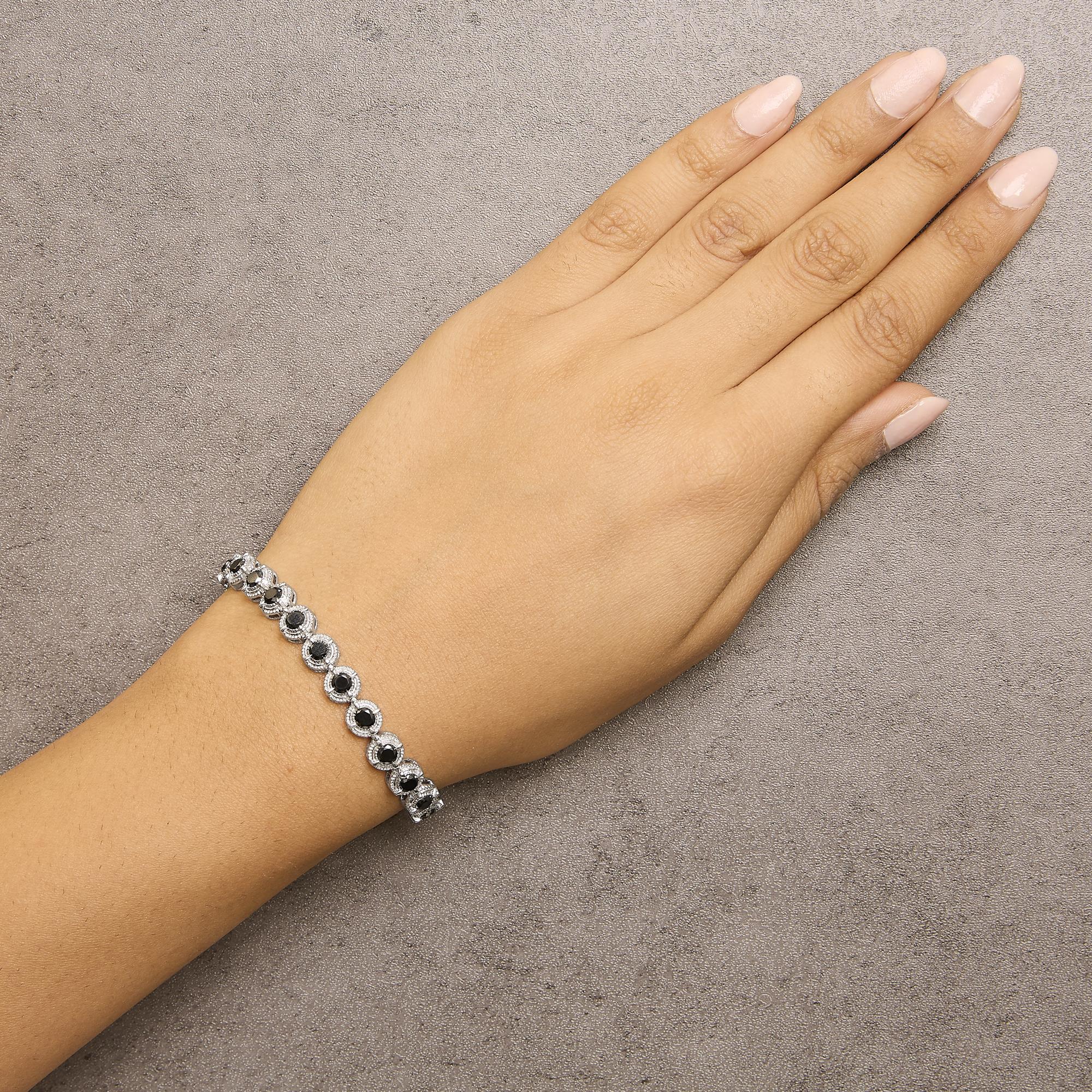 Pulsera de tenis de plata de ley 925 con eslabones milgrain de diamantes negros de 5,0 quilates - 18 cm - Friggin Jewelry