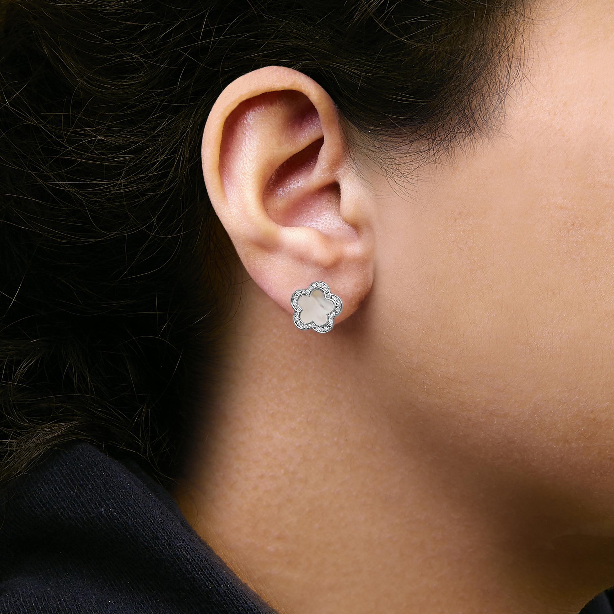 14K White Gold Mother of Pearl and 1/5 Cttw Diamond Halo Star Stud Earrings - Friggin Jewelry Premium