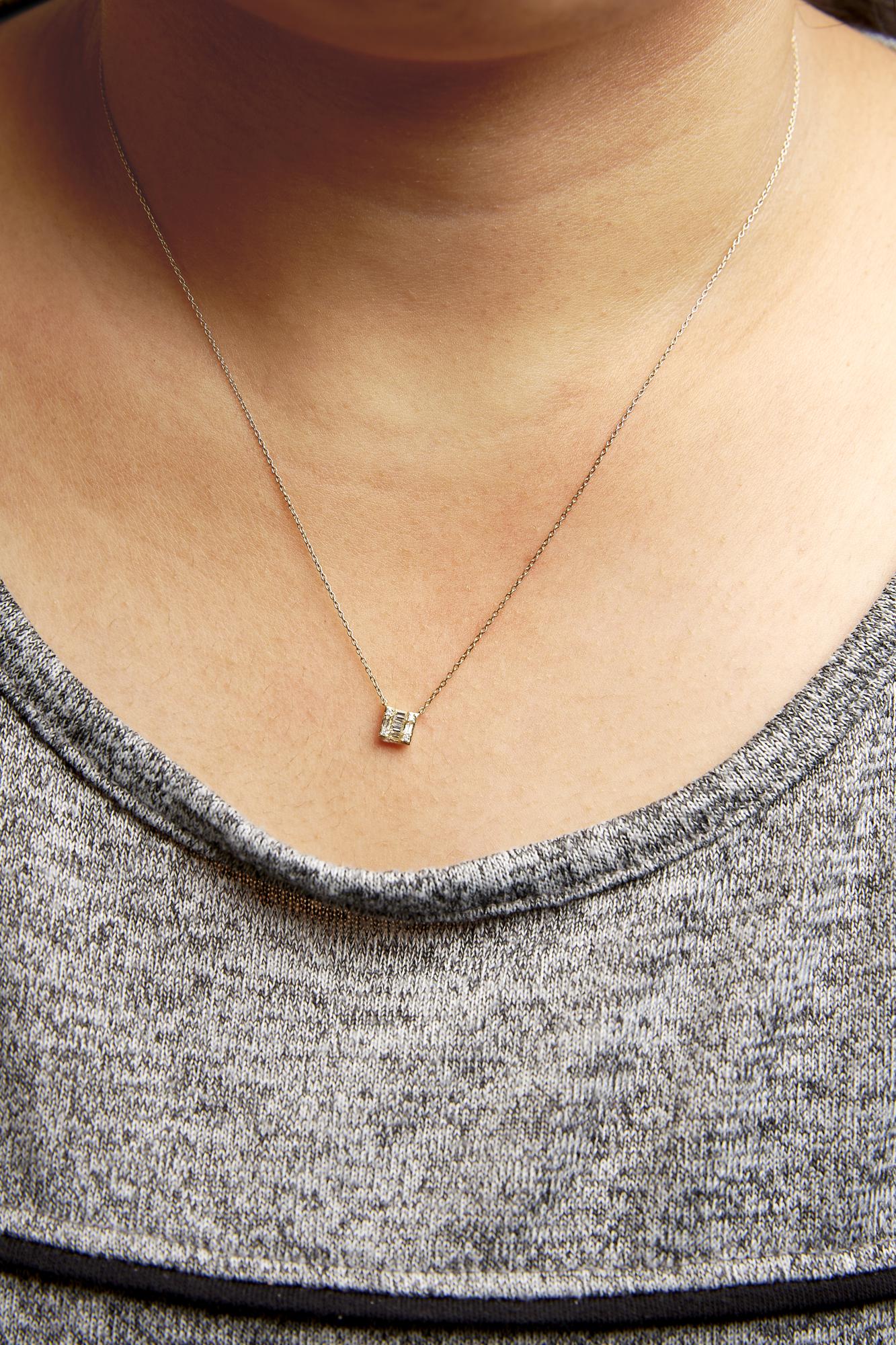 10K Yellow Gold 1/10 Cttw Round and Baguette Diamond Mosaic Composite Square 18" Inch Pendant Necklace (H-I Color, I1-I2 Clarity) - Friggin Jewelry