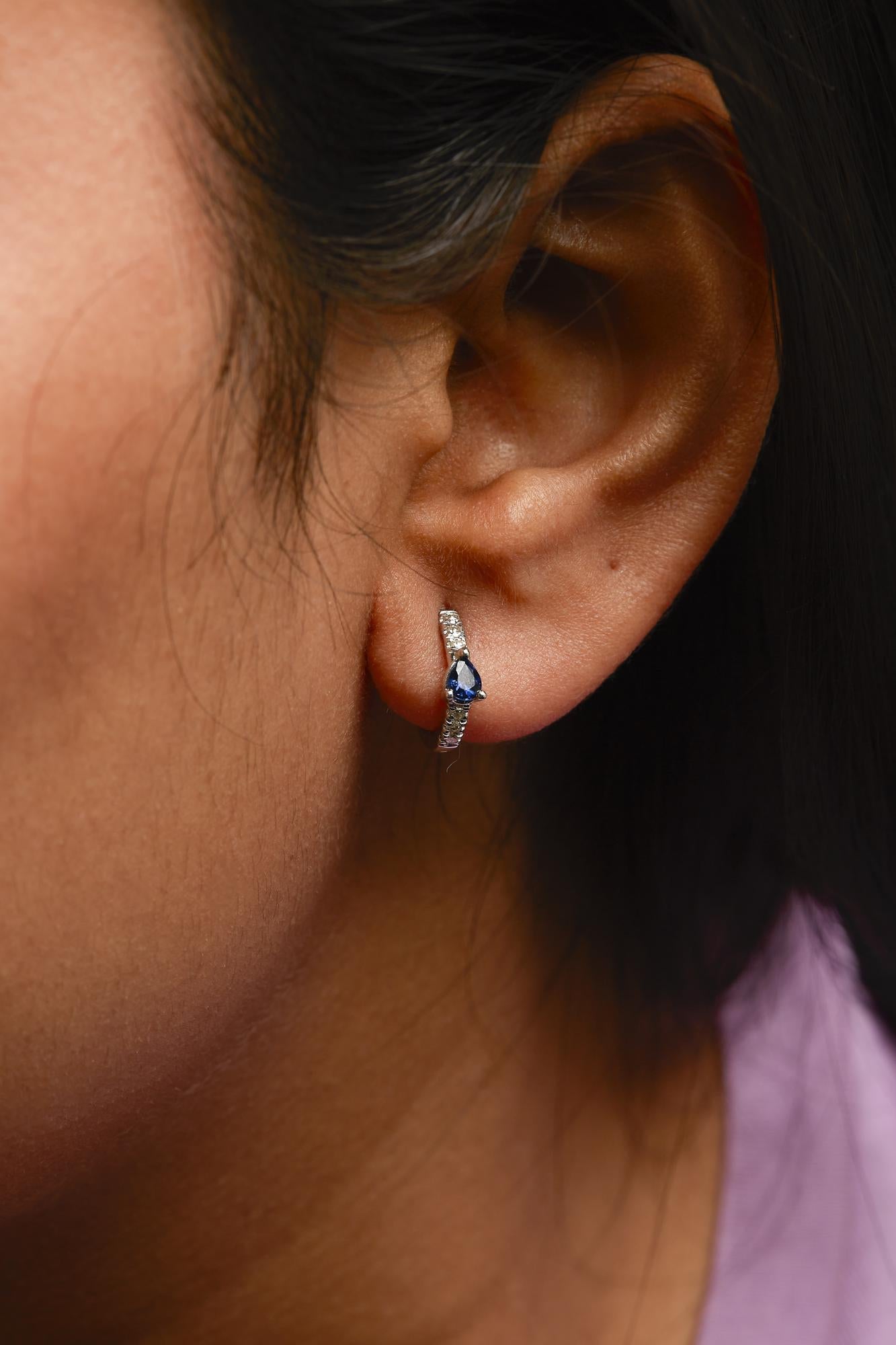 10K White Gold Pear Shaped Blue Sapphire and 1/10 Cttw Diamond Huggy Hoop Earrings (H-I Color, I1-I2 Clarity) - Friggin Jewelry