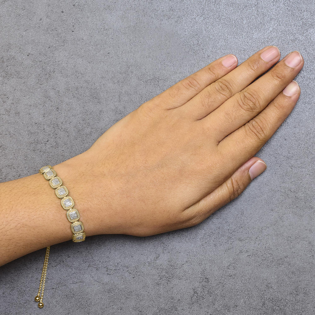 Pulsera bolo ajustable de 10 a 25 cm con diamantes de 5/8 quilates y marco de cojín, chapada en oro amarillo de 14 k (plata de ley .925) (color GH, claridad I1-I2) - Friggin Jewelry
