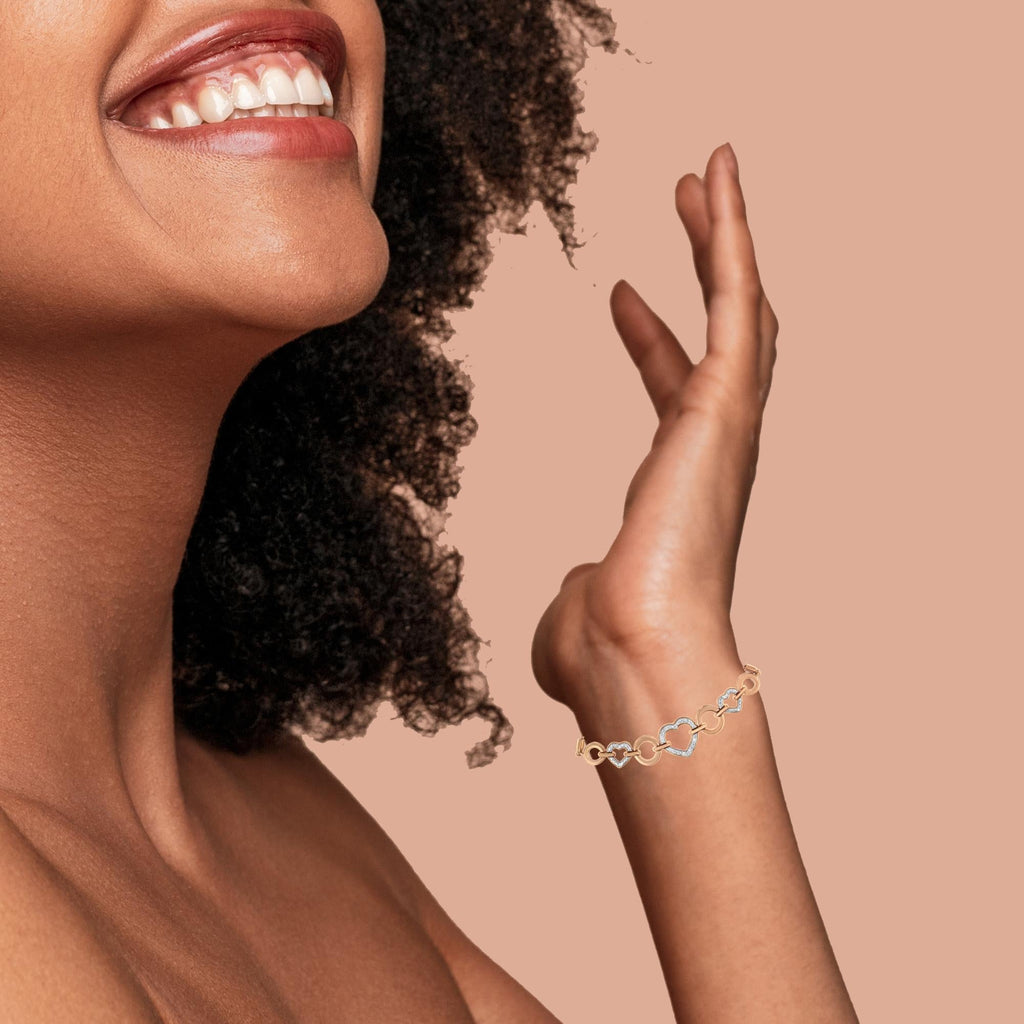 10K Rose Gold over .925 Sterling Silver 1/10 Cttw Round-Cut Diamond Heart Link Adjustable Bolo Bracelet (H-I Color, I2-I3 Clarity) - 6"-9" Adjustable - Friggin Jewelry