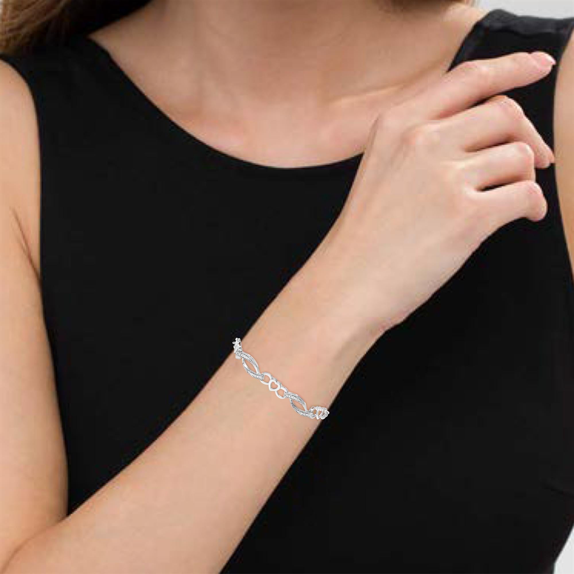 .925 Sterling Silver 1/10 Cttw Diamond Heart Link Adjustable Bolo Bracelet (I-J Color, I2-I3 Clarity) - 4 to 10 Inches - Friggin Jewelry