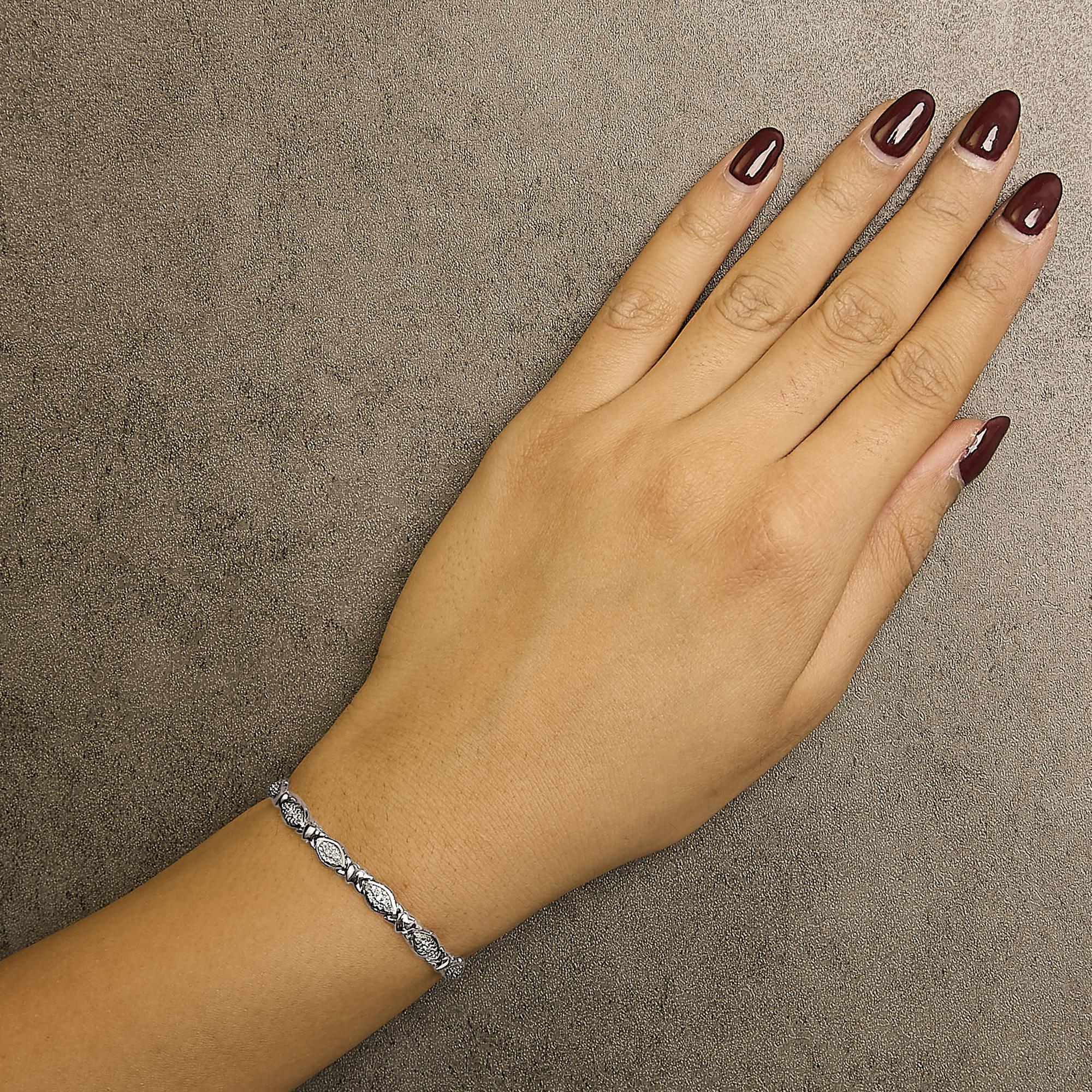 Pulsera bolo de plata de ley 925 con detalles de diamantes, forma marquesa alternada y eslabones de corazón (color IJ, claridad I3) - Ajustable de 15 a 23 cm - Friggin Jewelry