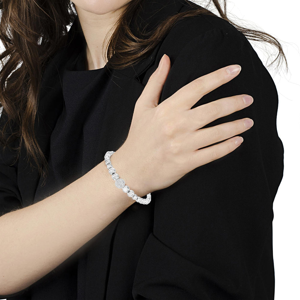 .925 Sterling Silver 1/6 Cttw Diamond Rondelle Graduated Ball Bead Cuff Bangle Bracelet (I-J color, I2-I3 clarity) - Fits wrists up to 7 1/2 inches - Friggin Jewelry