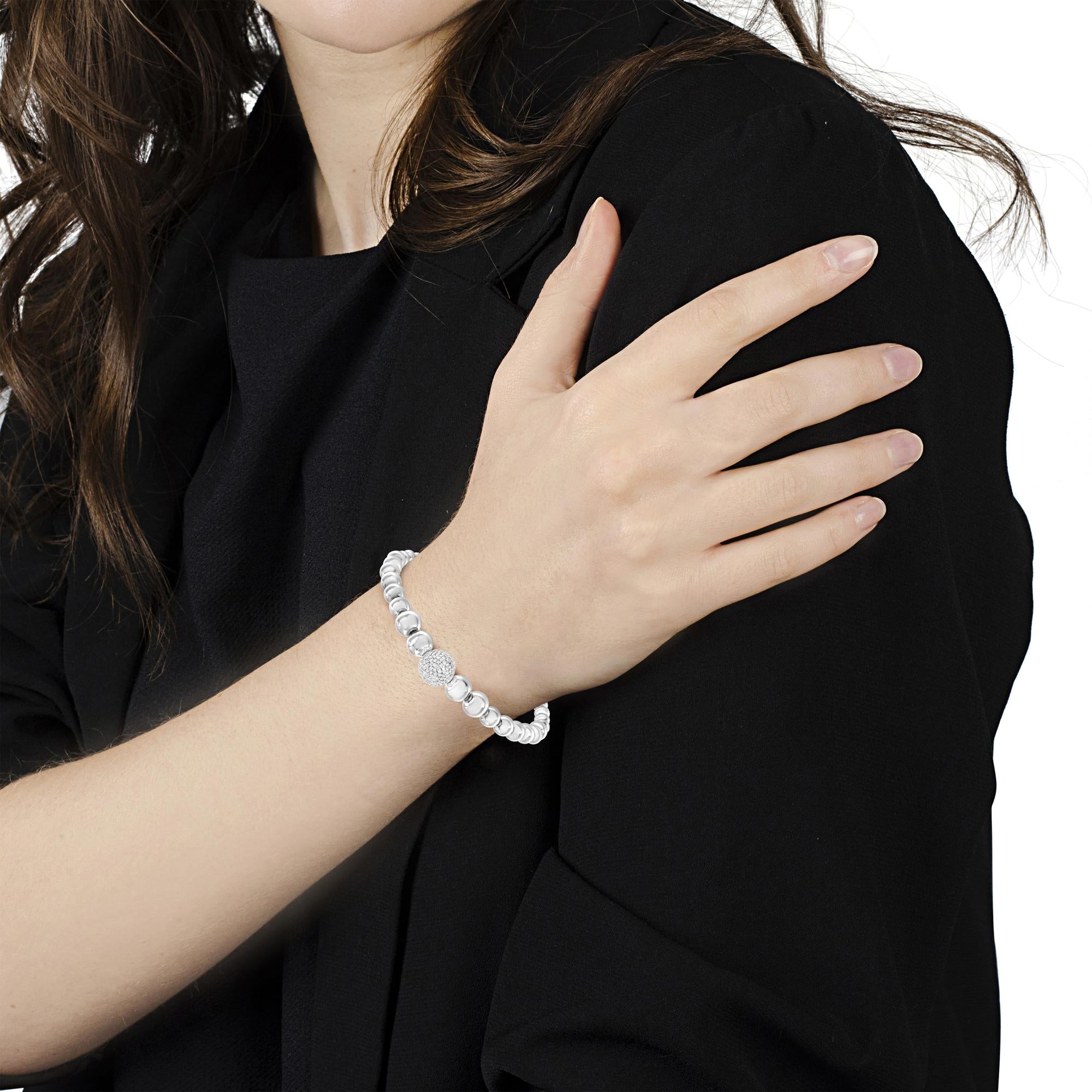 .925 Sterling Silver 1/6 Cttw Diamond Rondelle Graduated Ball Bead Cuff Bangle Bracelet (I-J color, I2-I3 clarity) - Fits wrists up to 7 1/2 inches - Friggin Jewelry