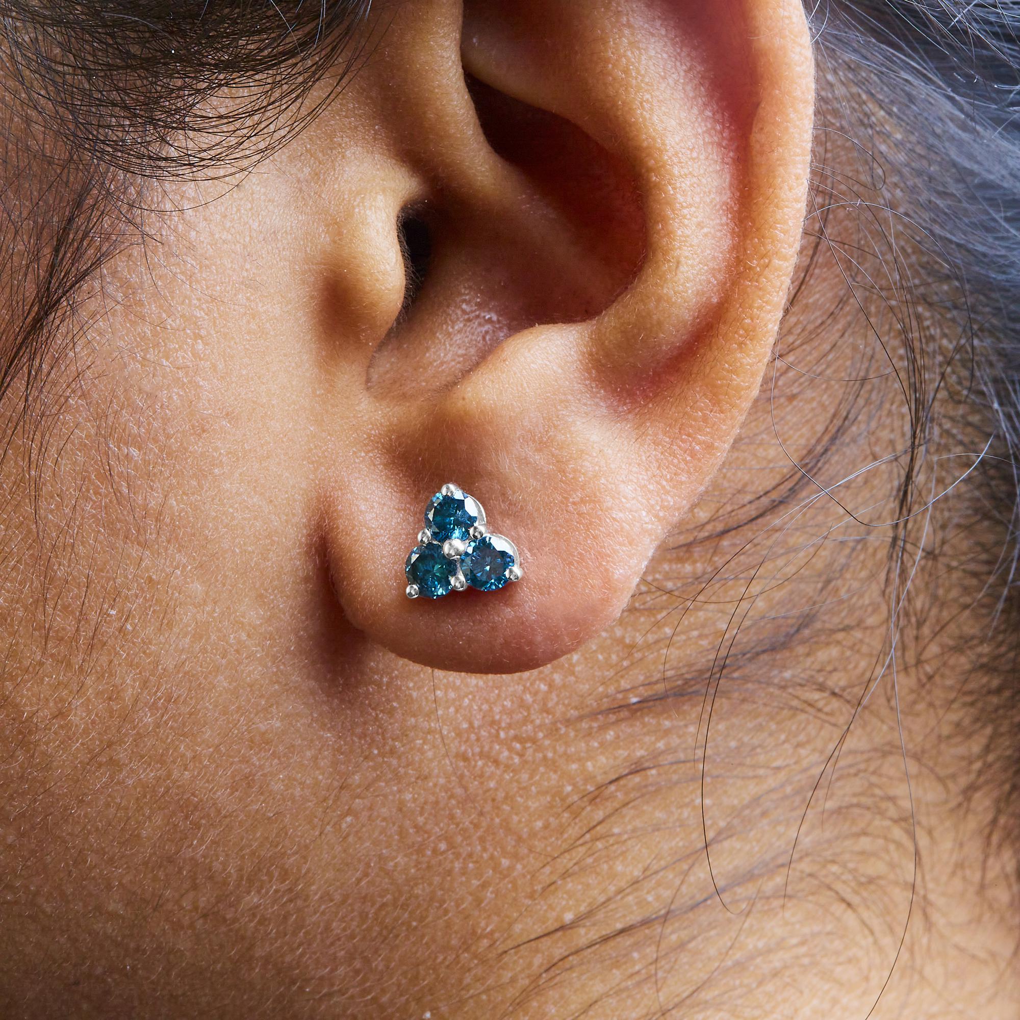 14KT White Gold Treated Blue Diamond Trio Stud Earrings (1 1/3 cttw, Blue) - Friggin Jewelry